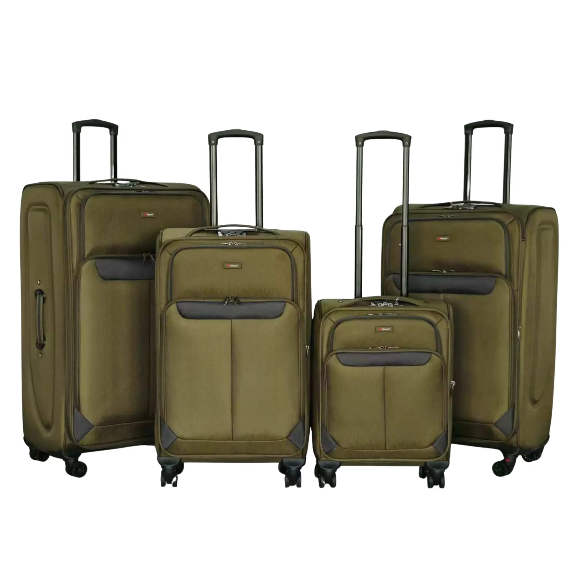 Set of four green suitcases with black handles and wheels on a white background