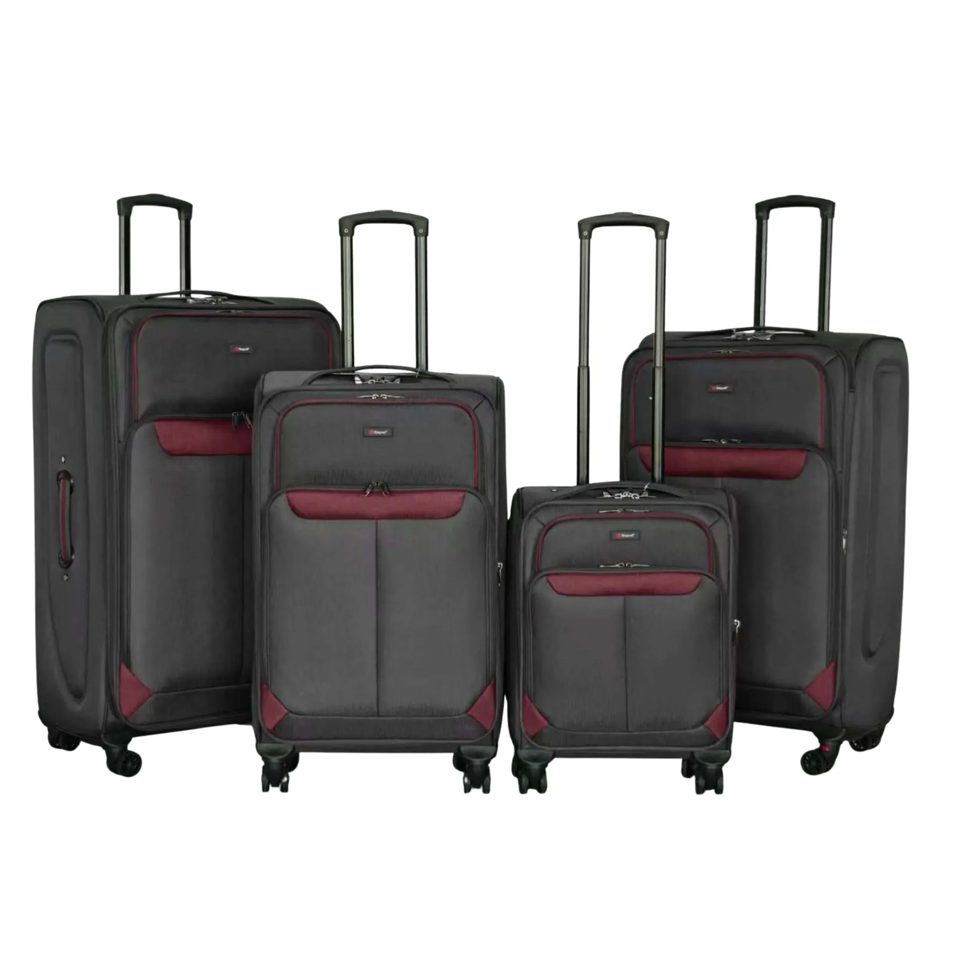 Set of four gray suitcases with red accents on a white background