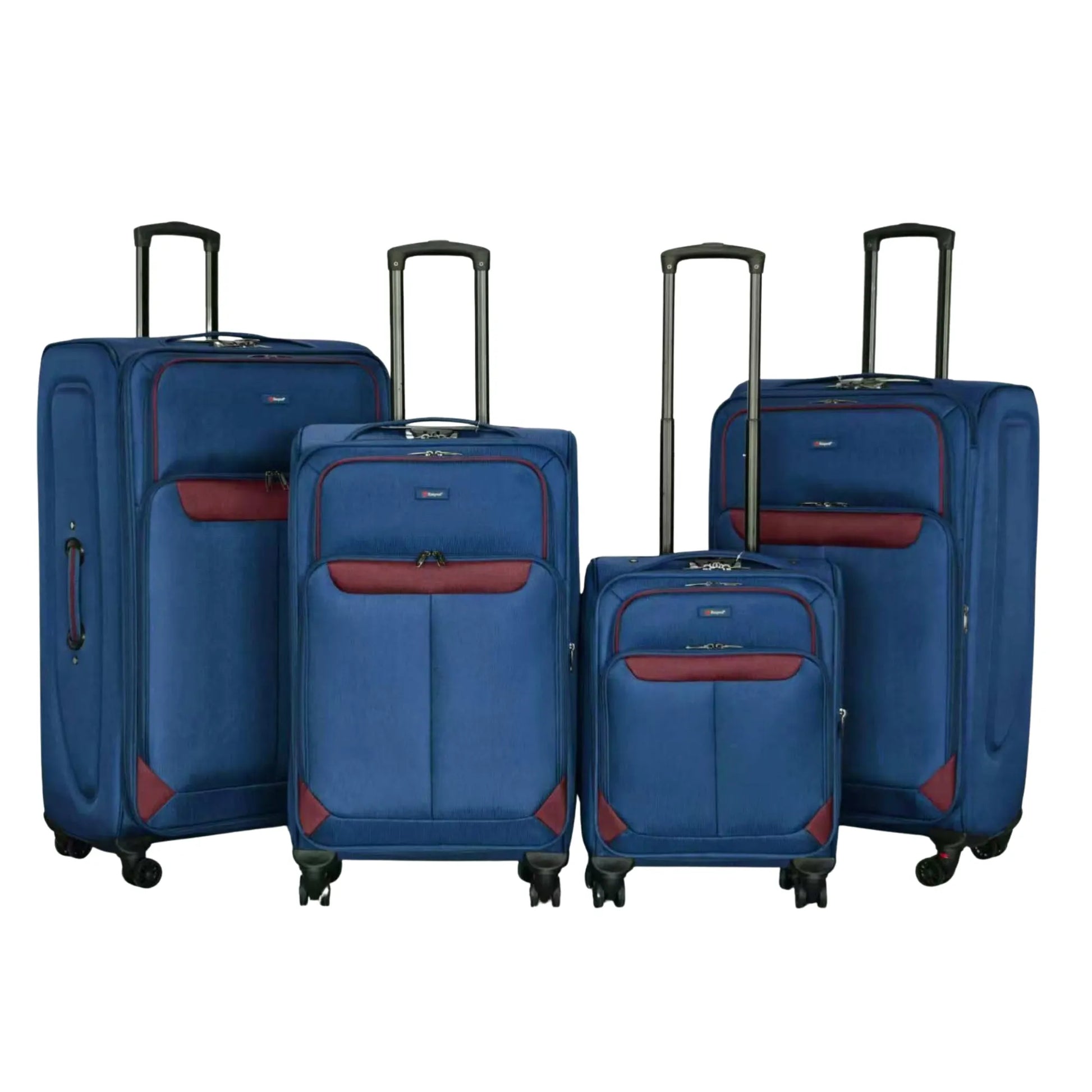 Set of blue suitcases with red accents on a white background