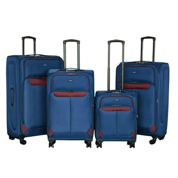 Set of blue suitcases with red accents on a white background