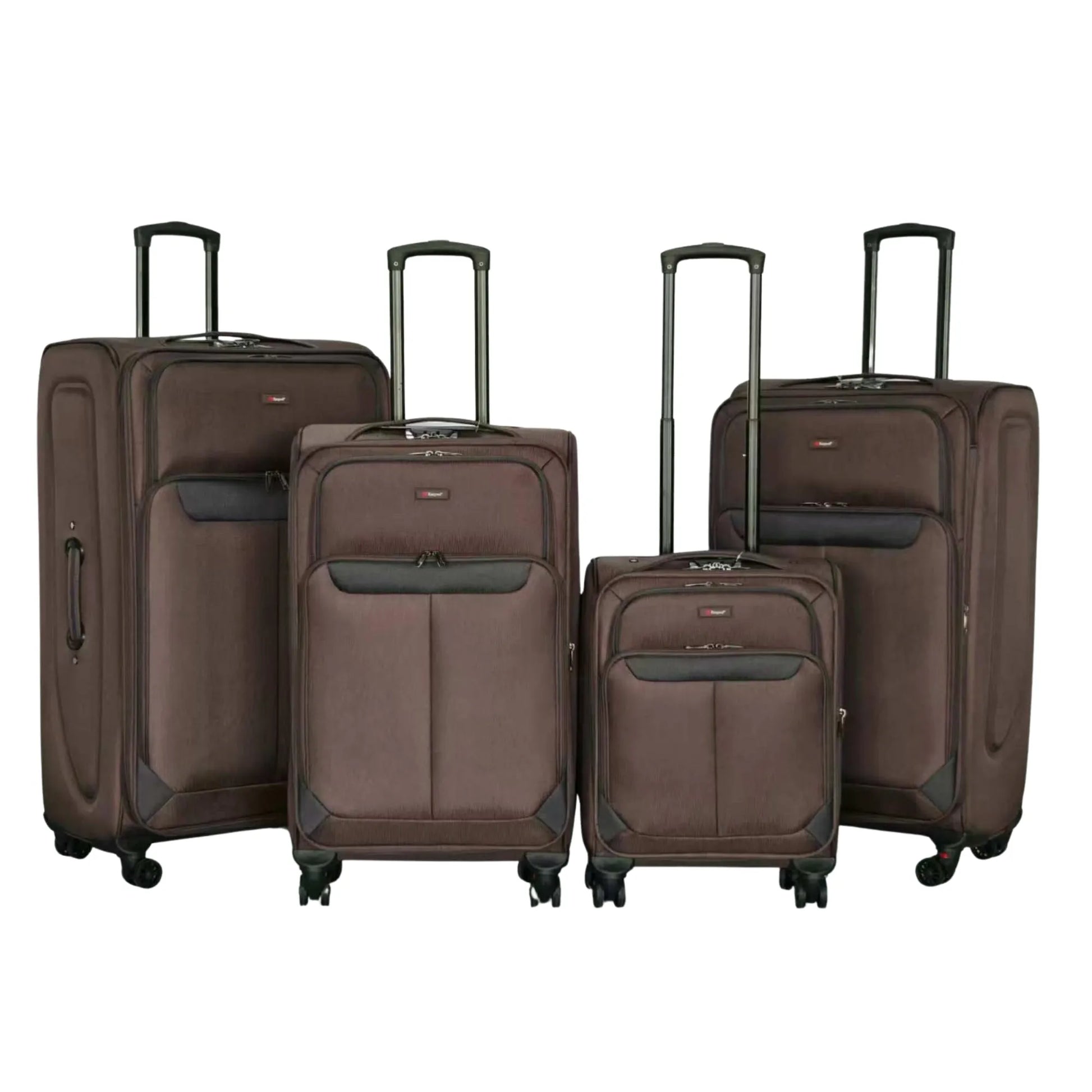 Set of four brown suitcases with wheels on a white background