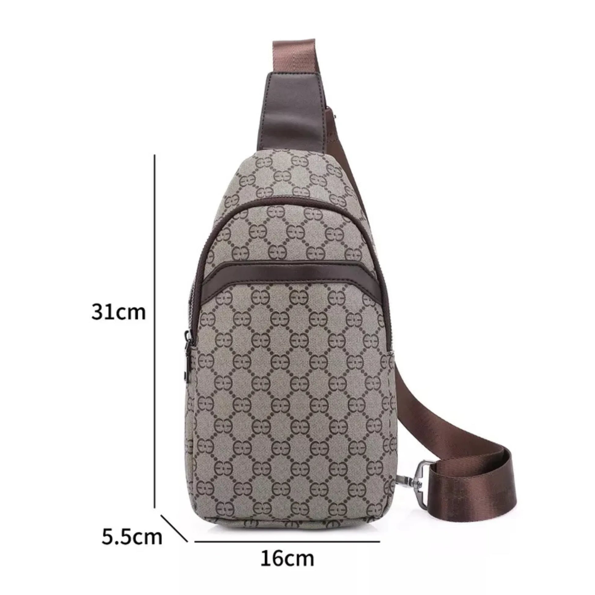 Gray patterned sling bag with brown accents and measurements on a white background