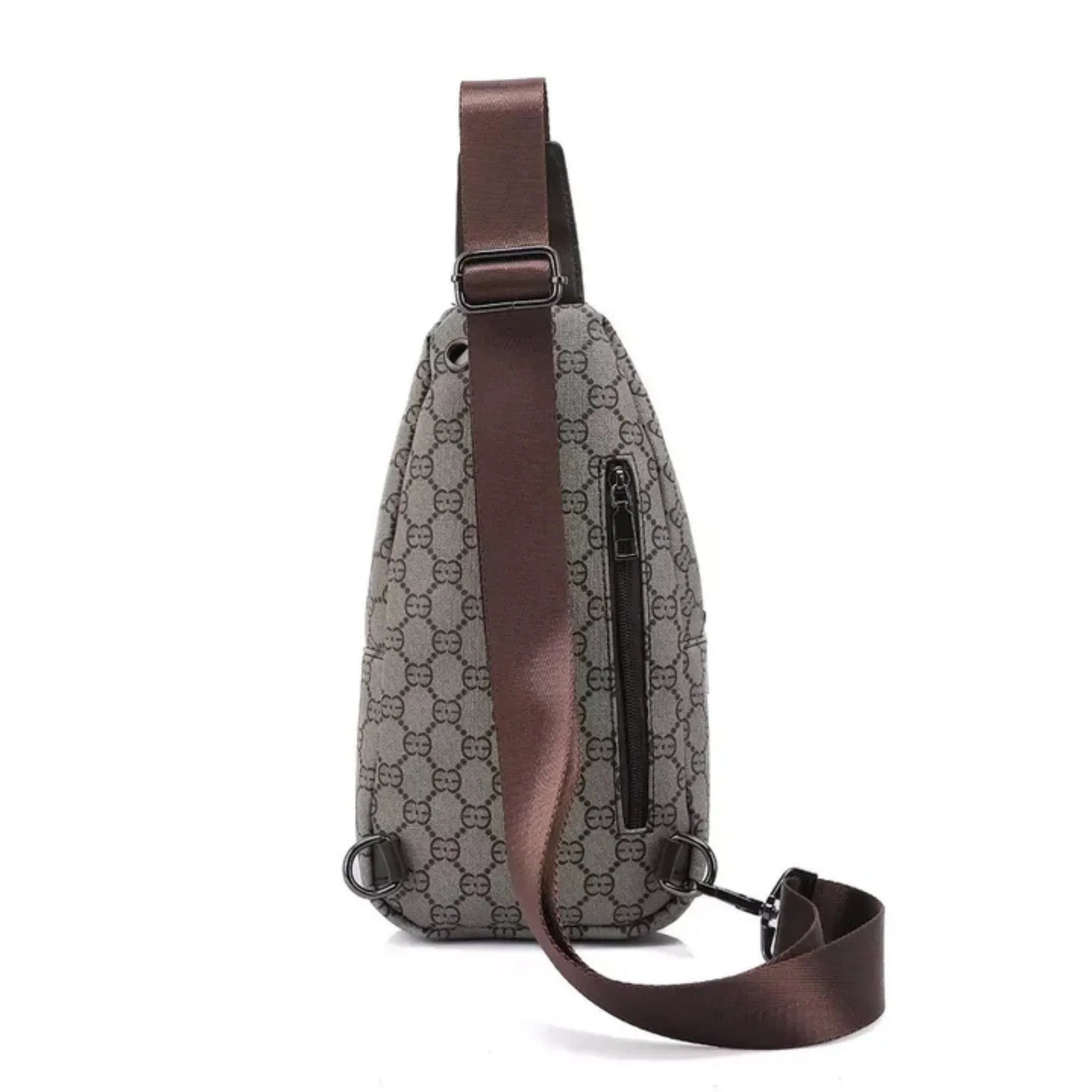 Gray crossbody bag with brown accents on a white background