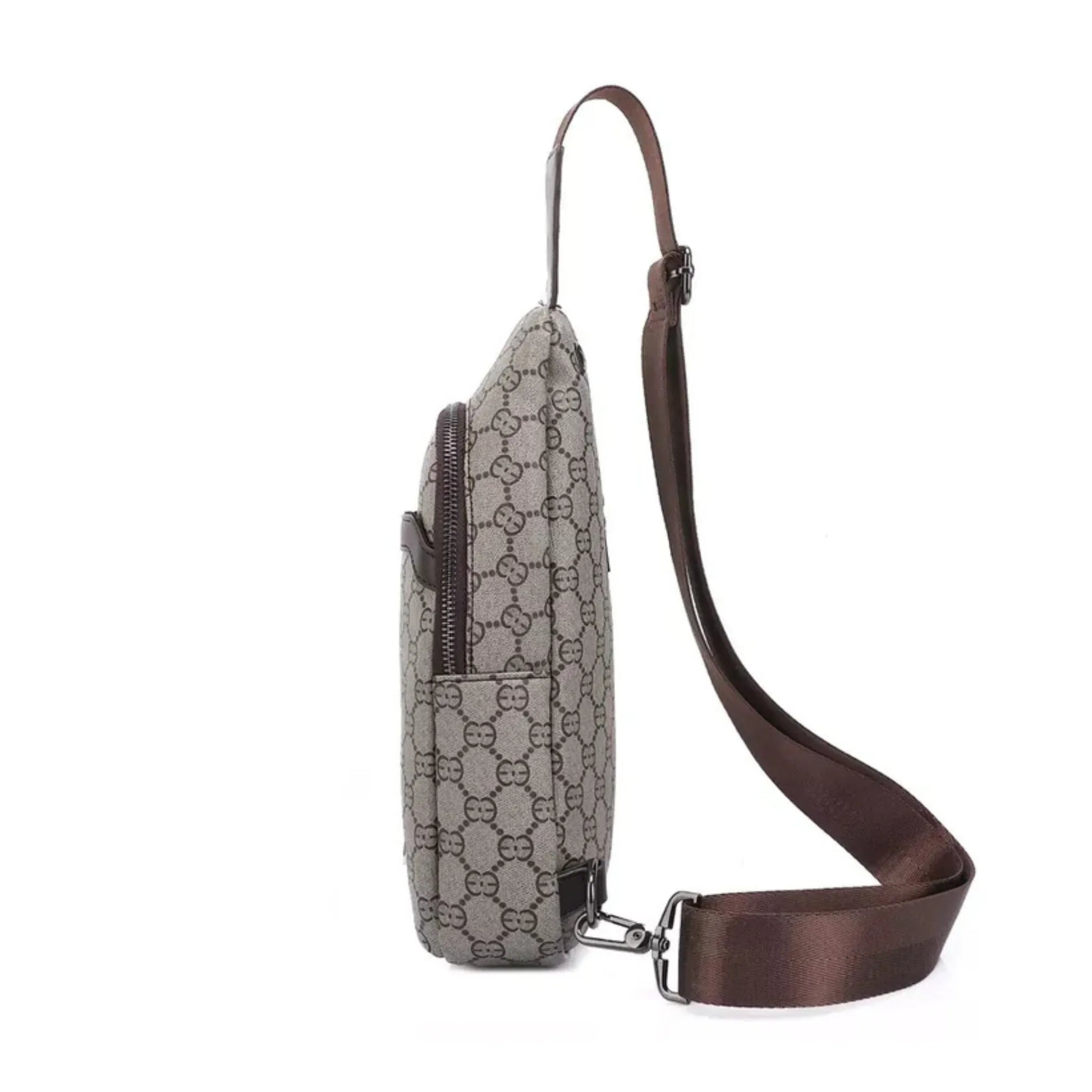 Sling bag with brown strap on a white background
