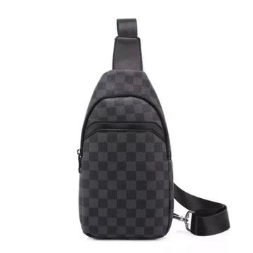 Gray checkered sling bag on a white background