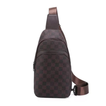 Brown checkered sling bag on a white background