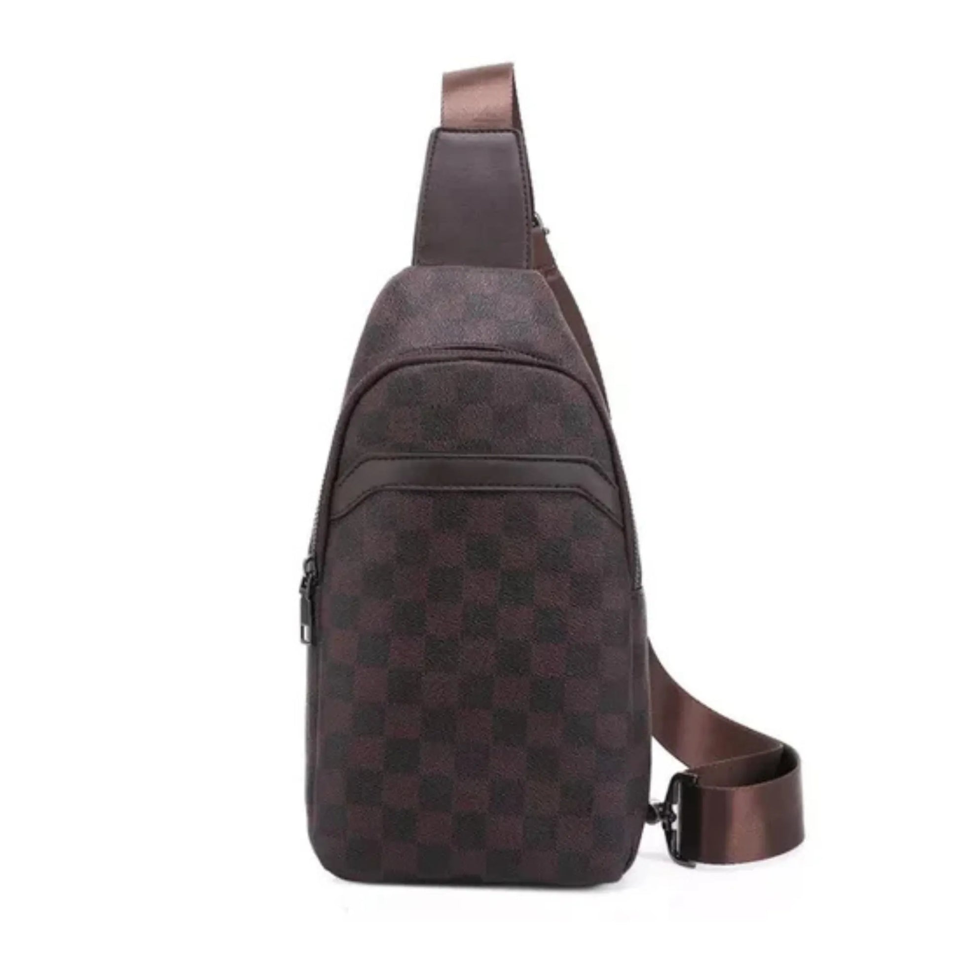 Brown checkered sling bag on a white background