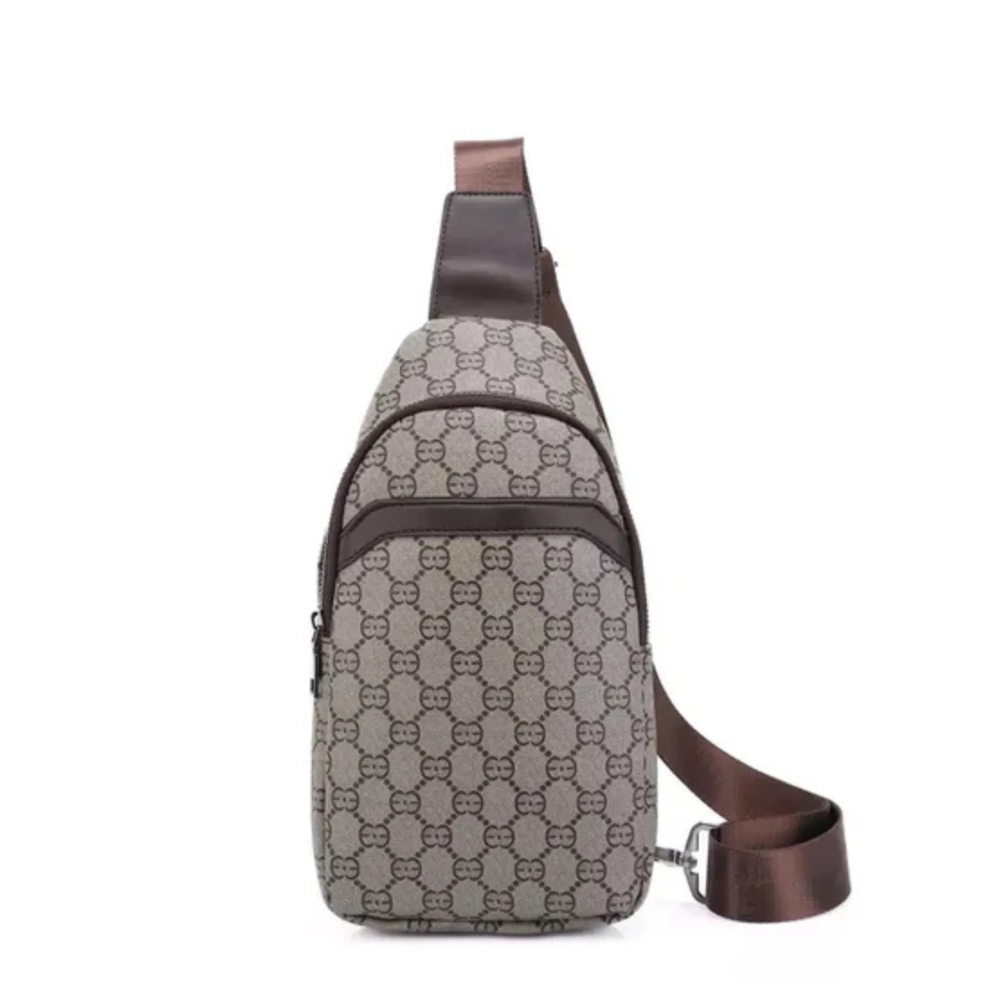 Gray and brown patterned sling bag on a white background