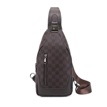 Brown checkered sling bag on a white background