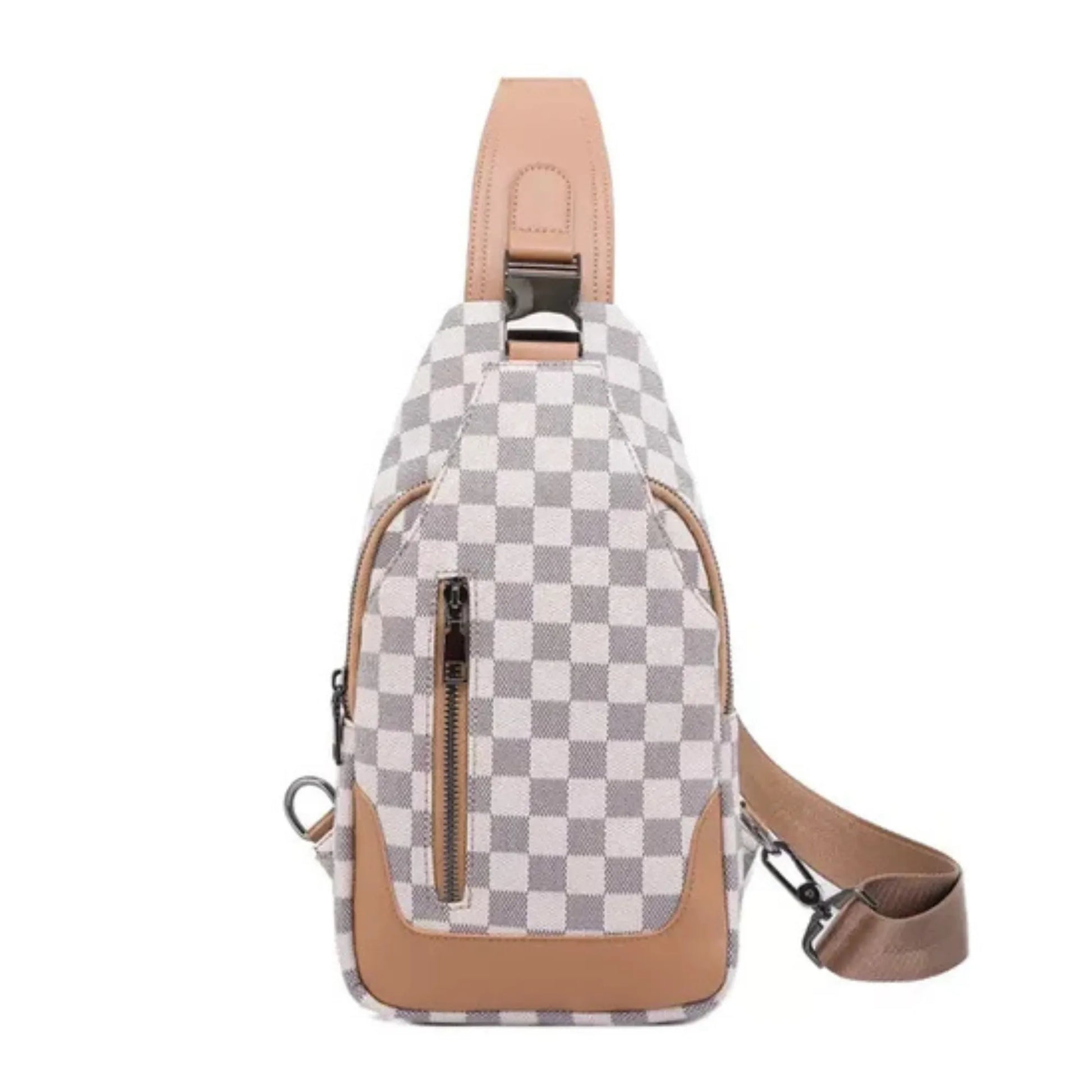 Checkered sling bag with brown accents on a white background