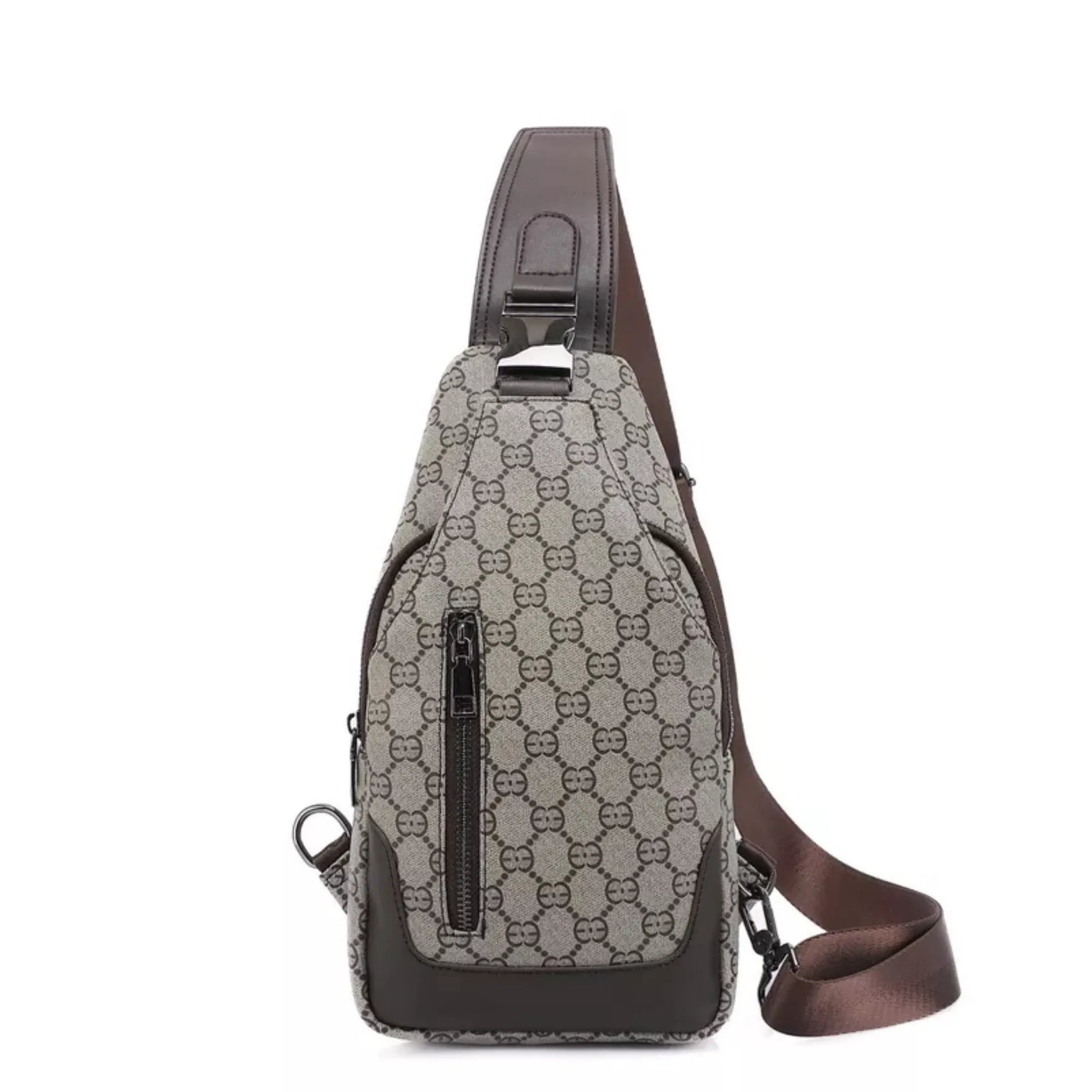 Sling bag with patterned front and brown strap on a white background