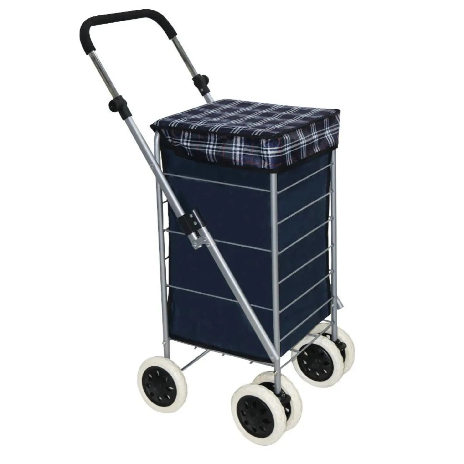 Navy blue shopping cart with a checkered seat on a white background