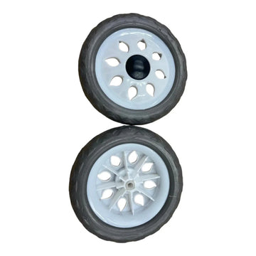 Two black wheels with white hubs on a white background