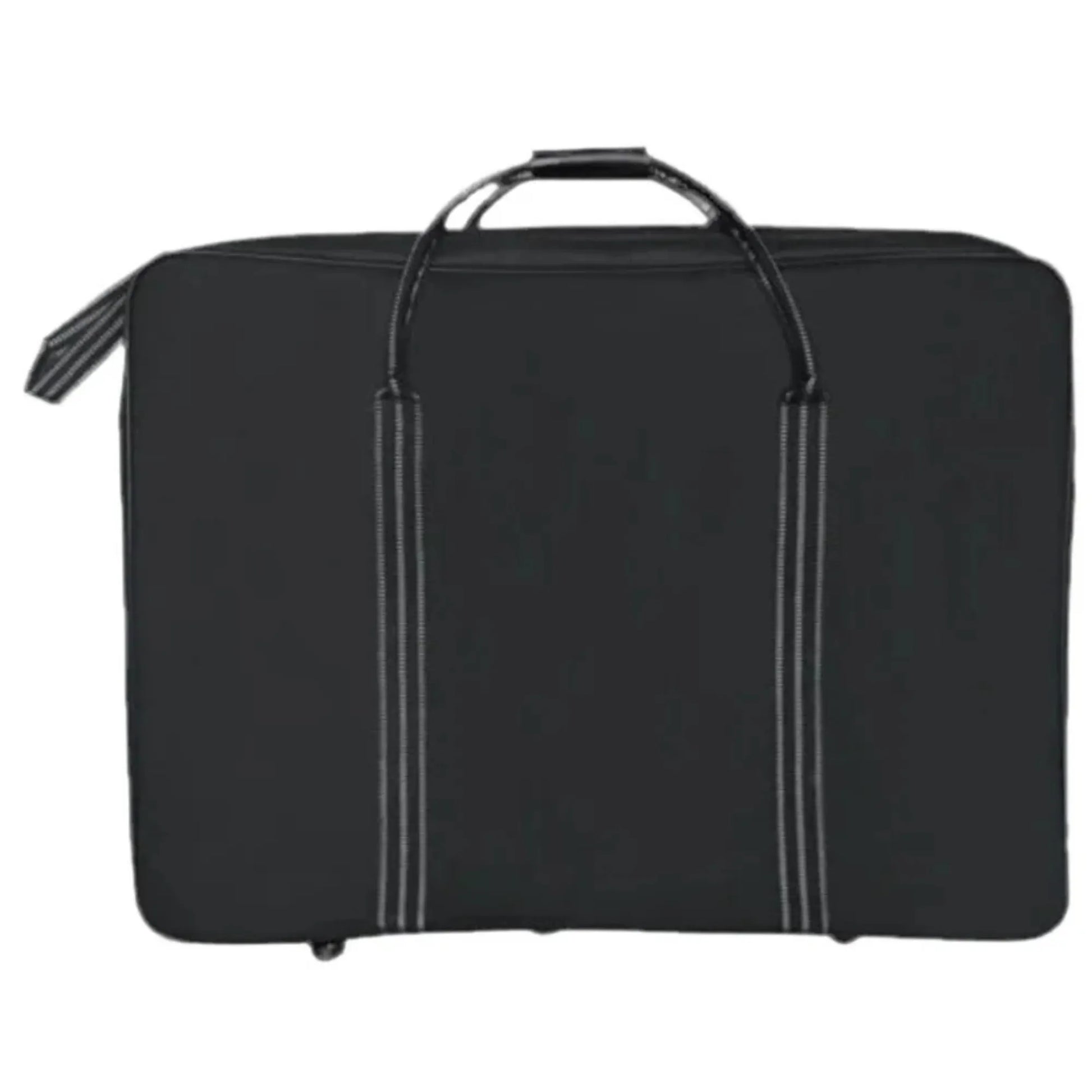 Black garment bag with handles on a white background