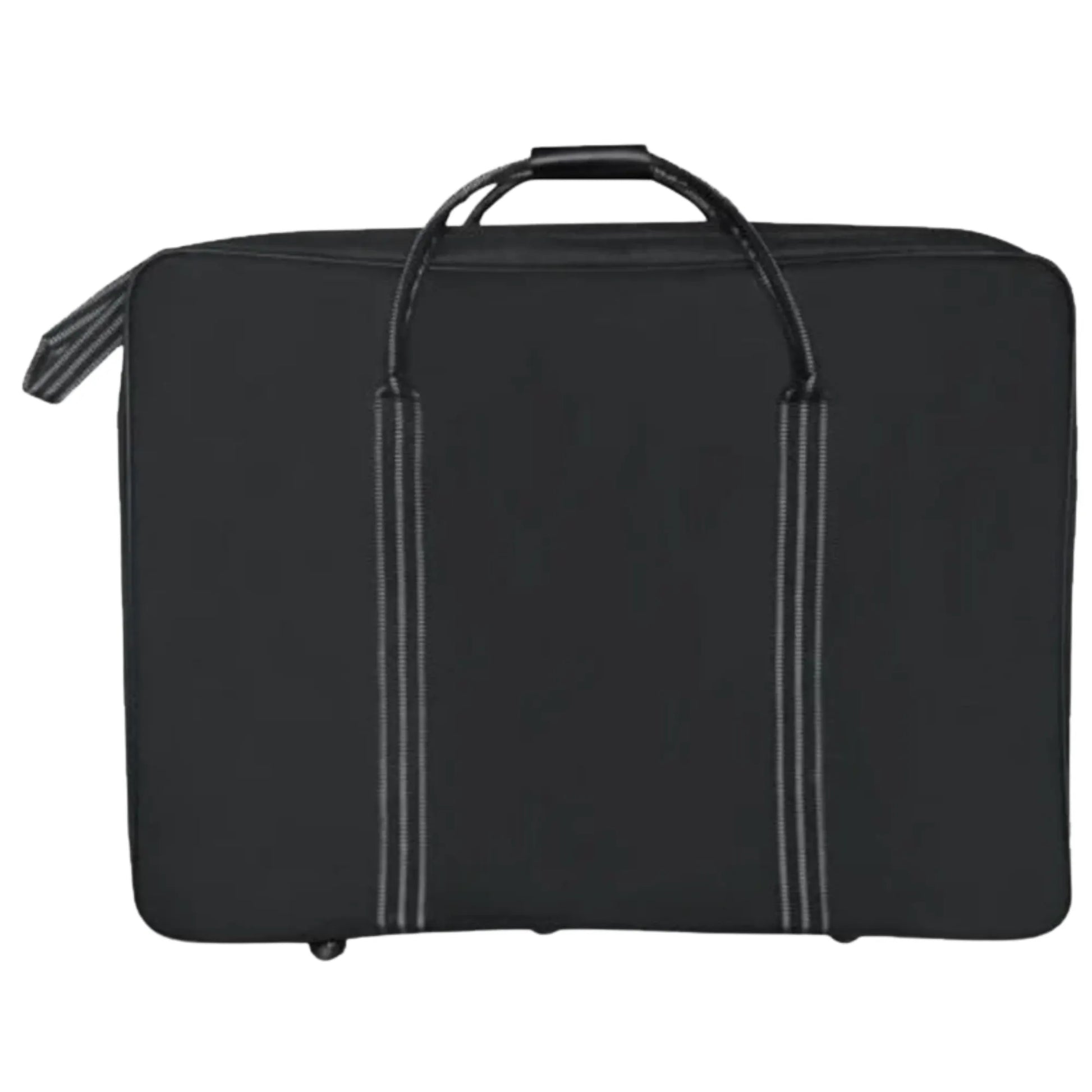 Black garment bag with handles on a white background