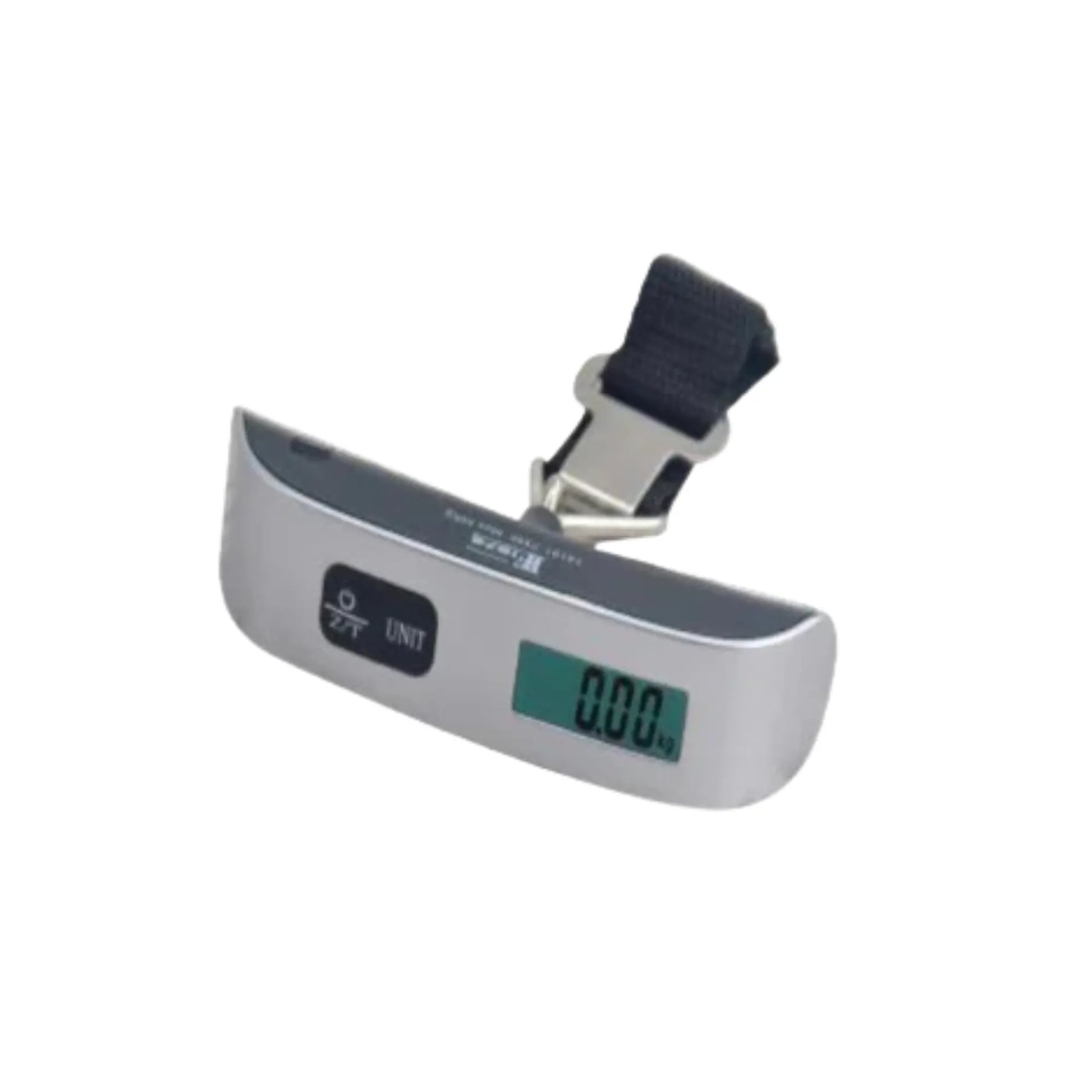 Digital luggage scale with a black strap on a white background