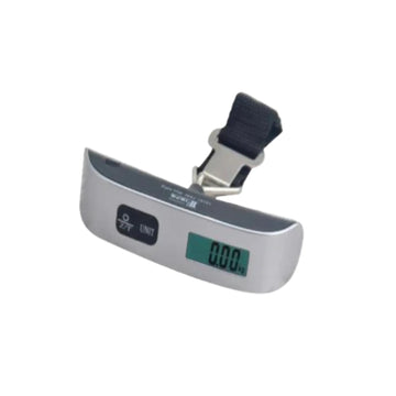 Digital luggage scale with a black strap on a white background