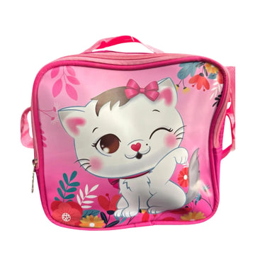 Pink backpack with a cartoon cat design on a white background