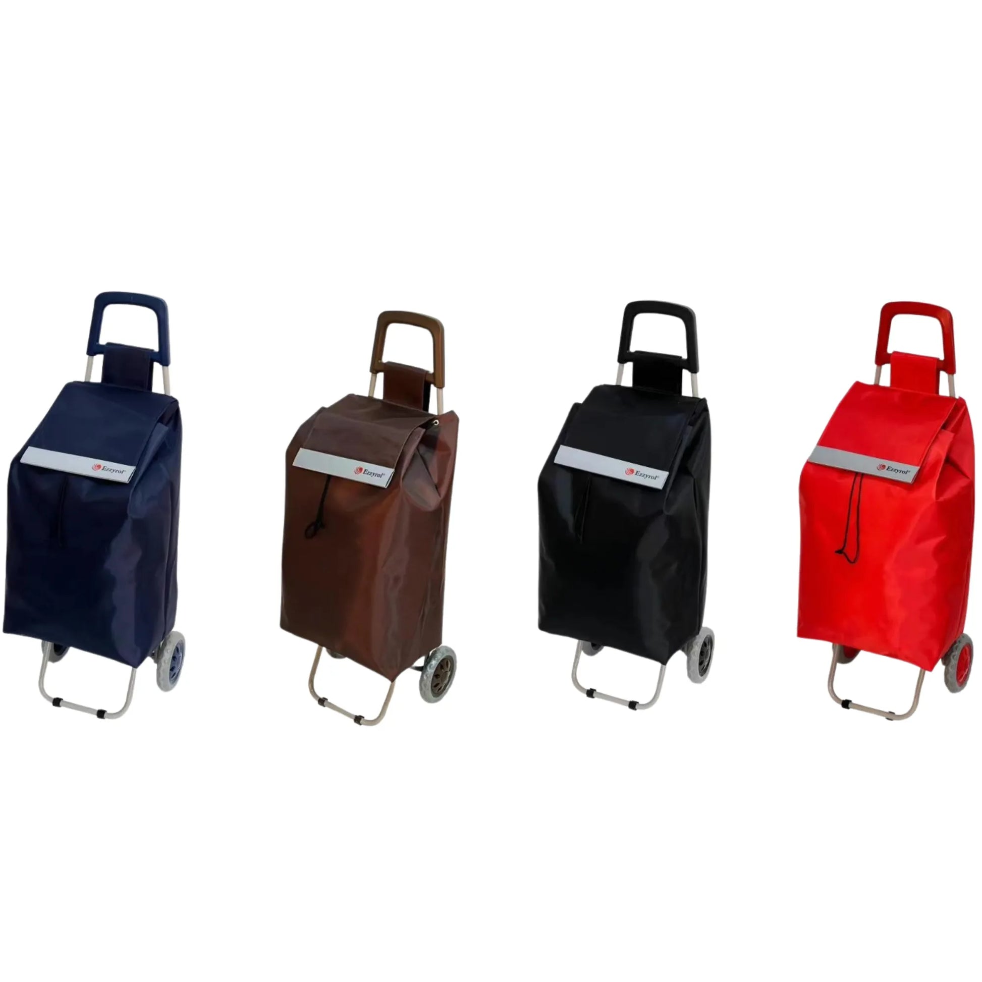 Four shopping carts in different colors (Navy, Brown, Black, Red) on a white background.