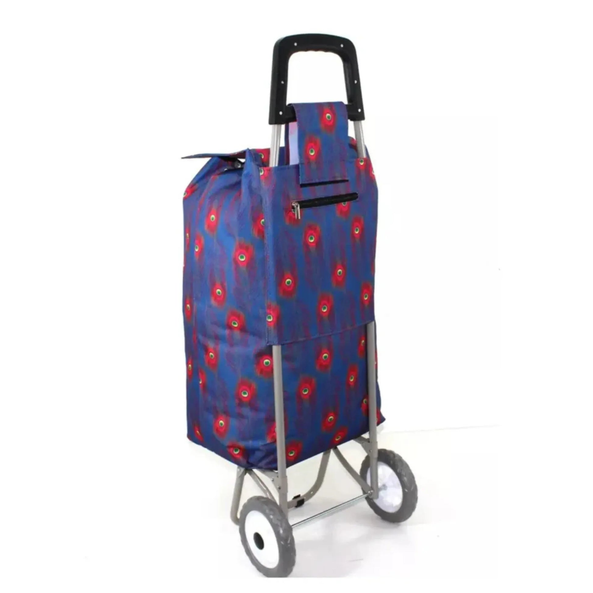 Blue shopping cart with red floral pattern on a white background