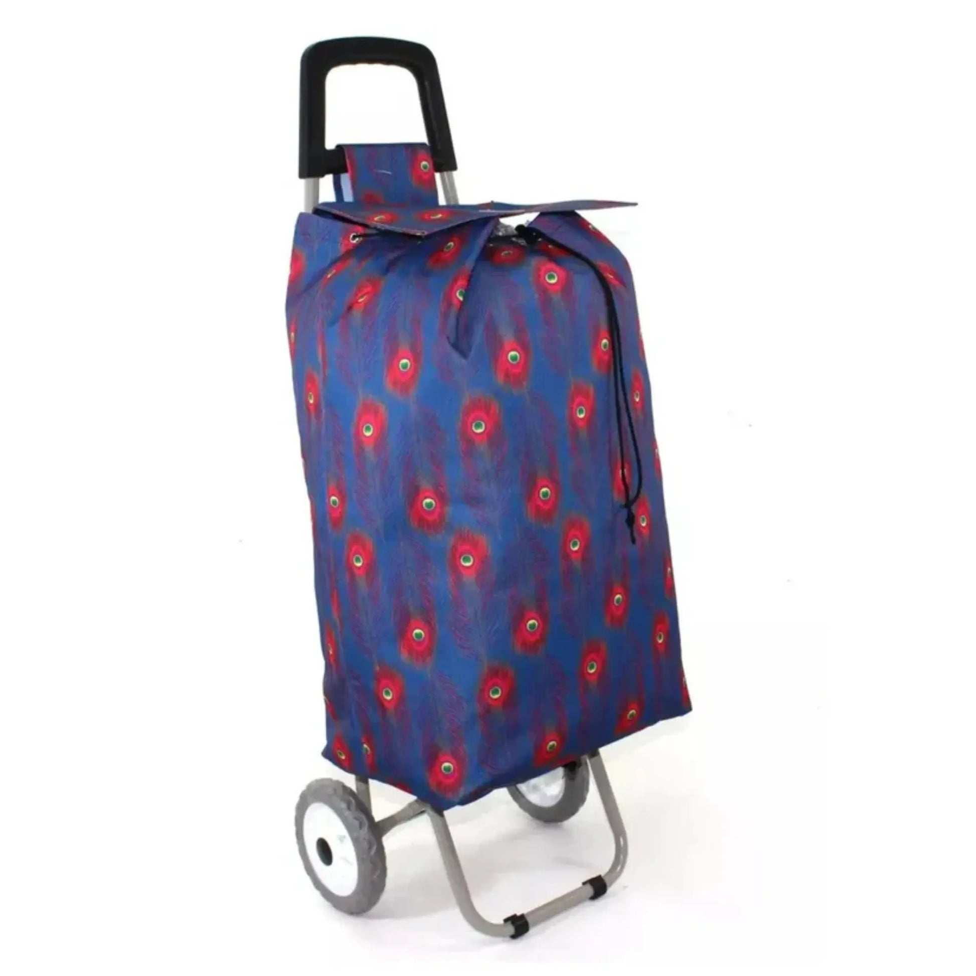 Blue shopping cart with red pattern on a white background