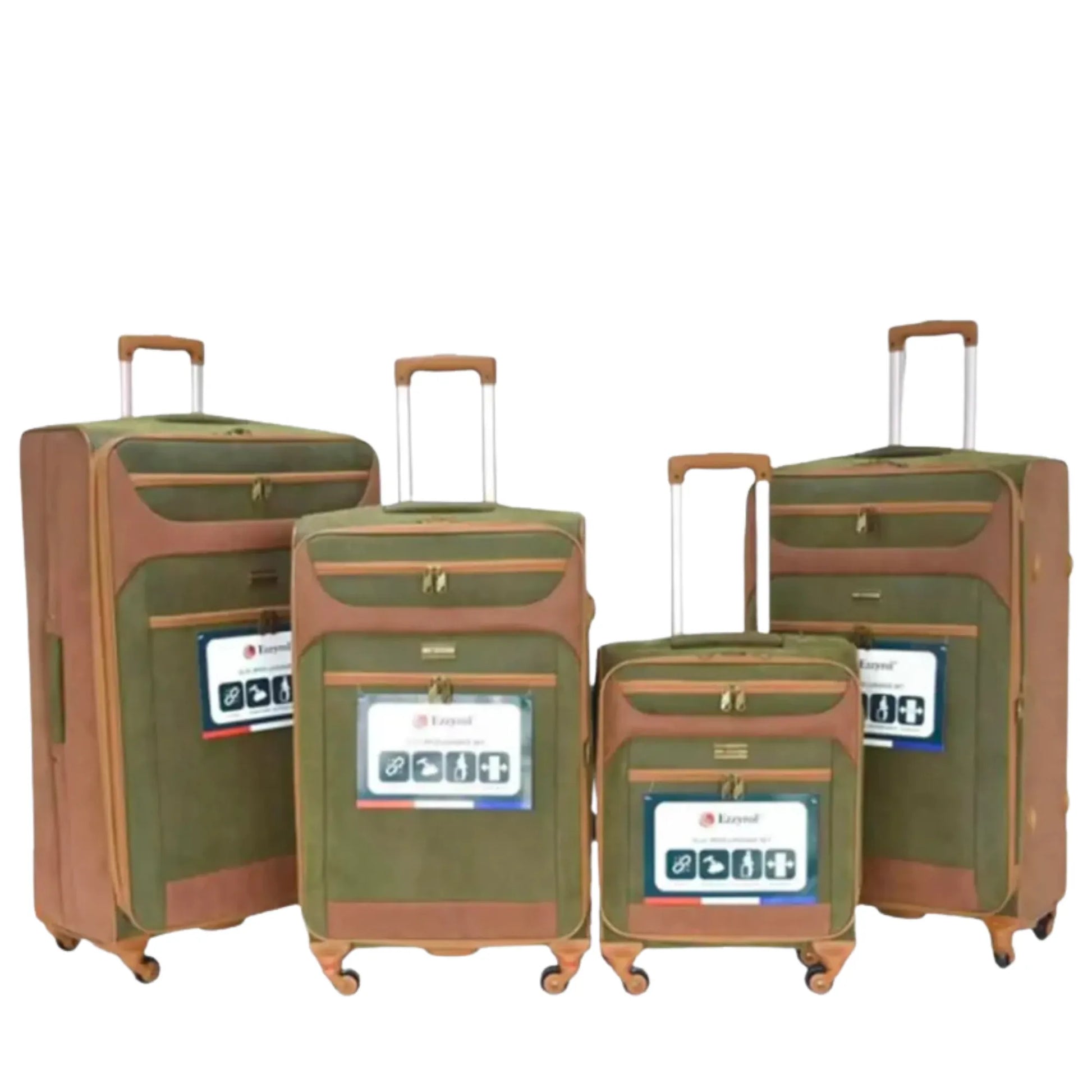 Set of four green and brown suitcases with visible brand name on a white background