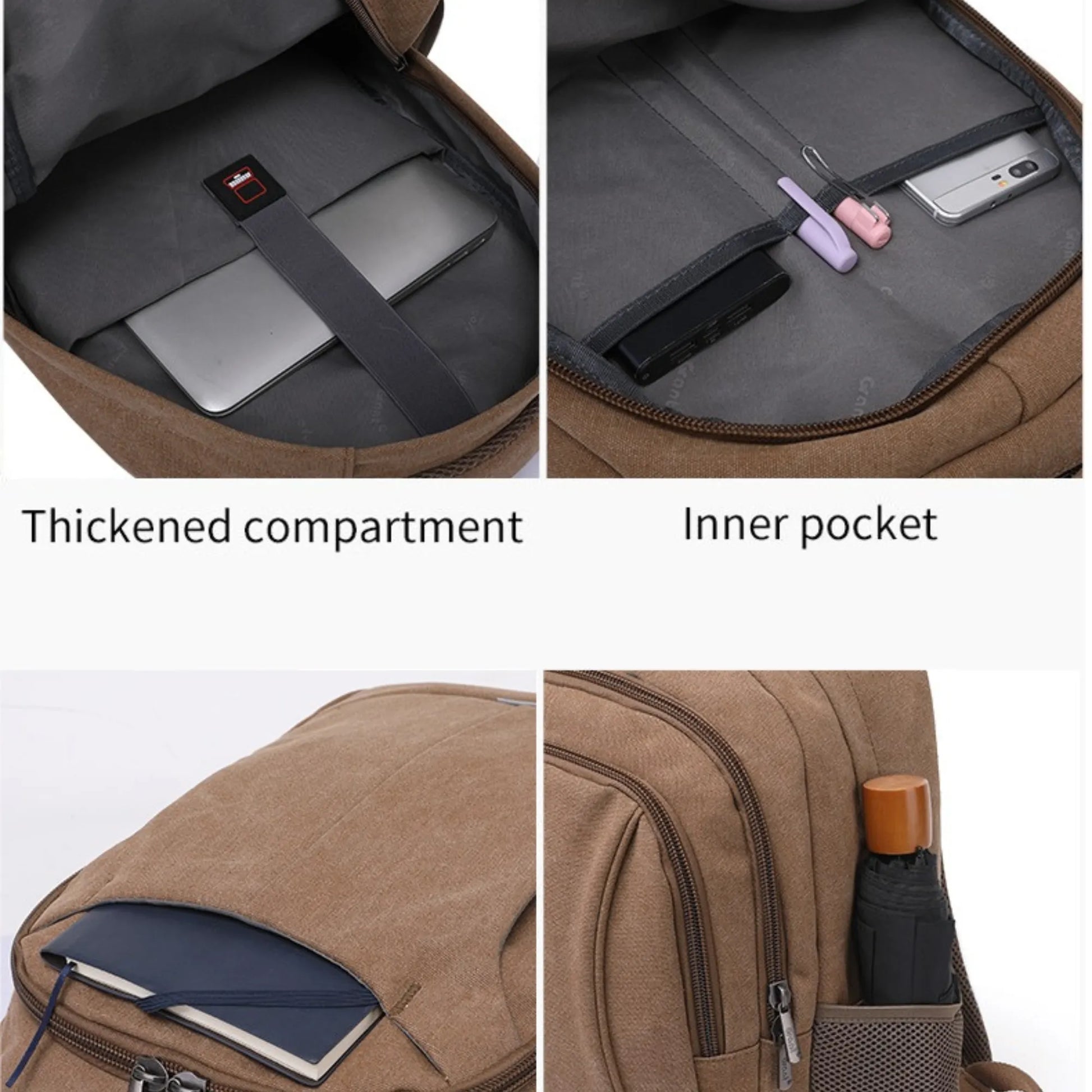 Collage of a brown backpack showing a thickened compartment, inner pocket, and umbrella holder.