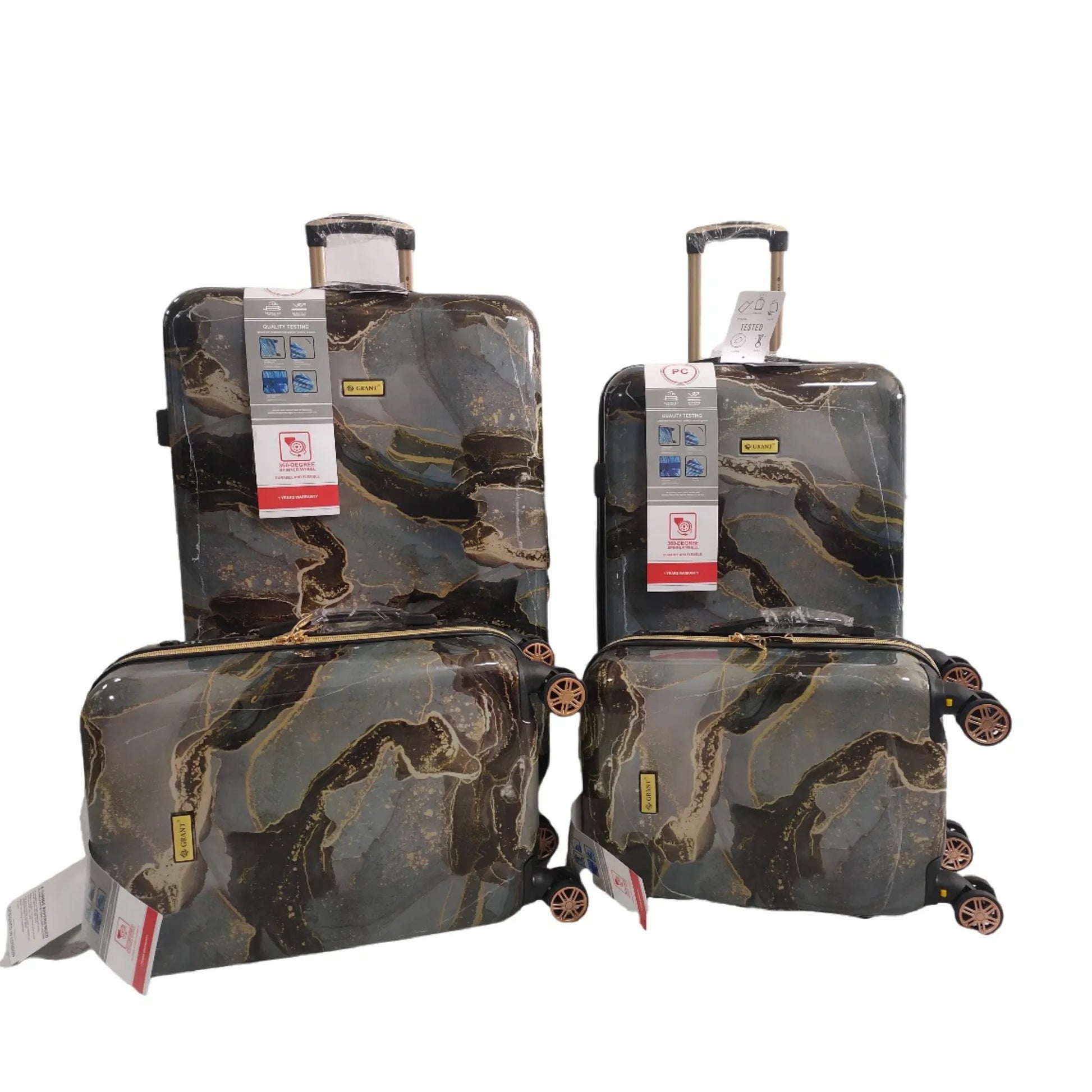 Set of camouflage-patterned suitcases on a white background