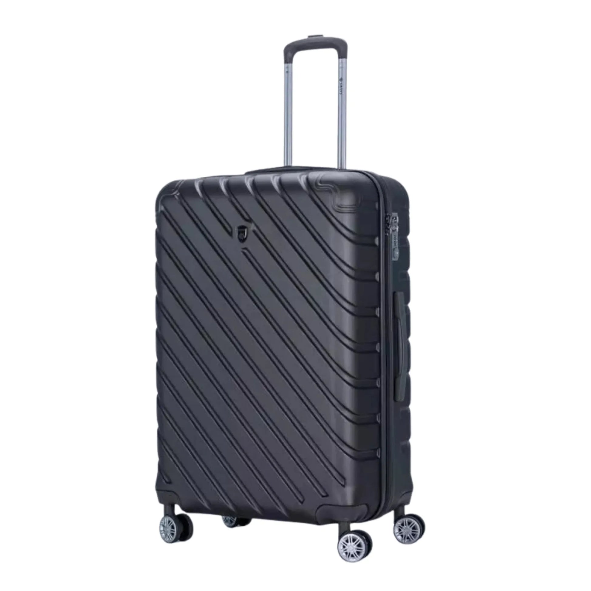 Black suitcase with a textured surface on a white background