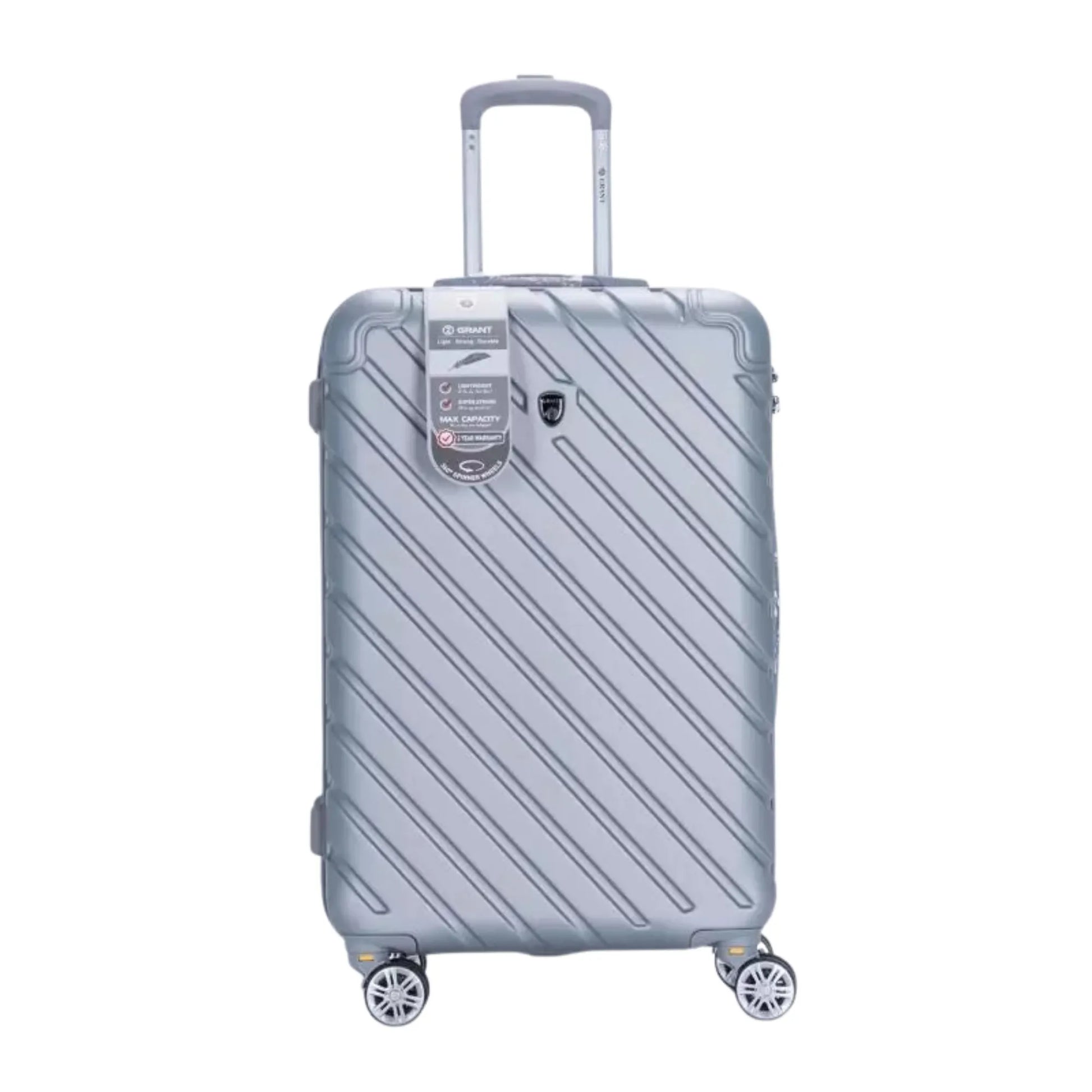 Silver suitcase with a striped pattern on a white background