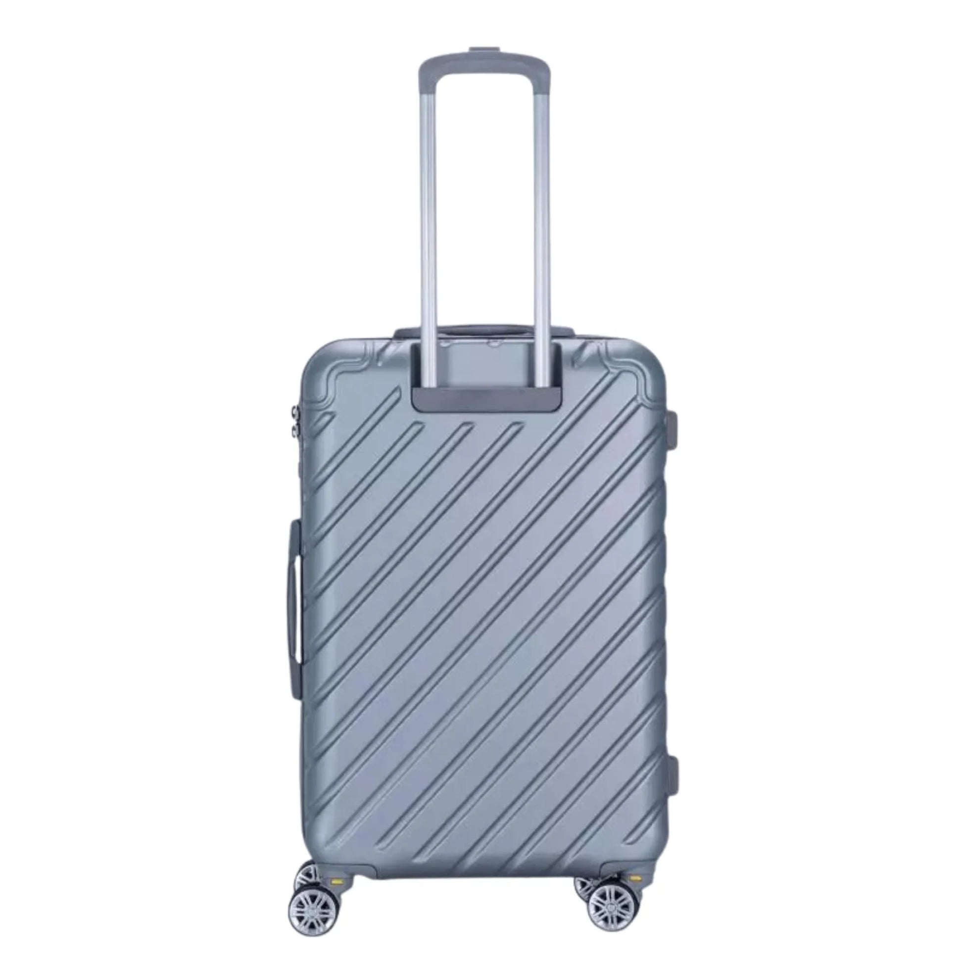 Gray suitcase with a textured surface on a white background