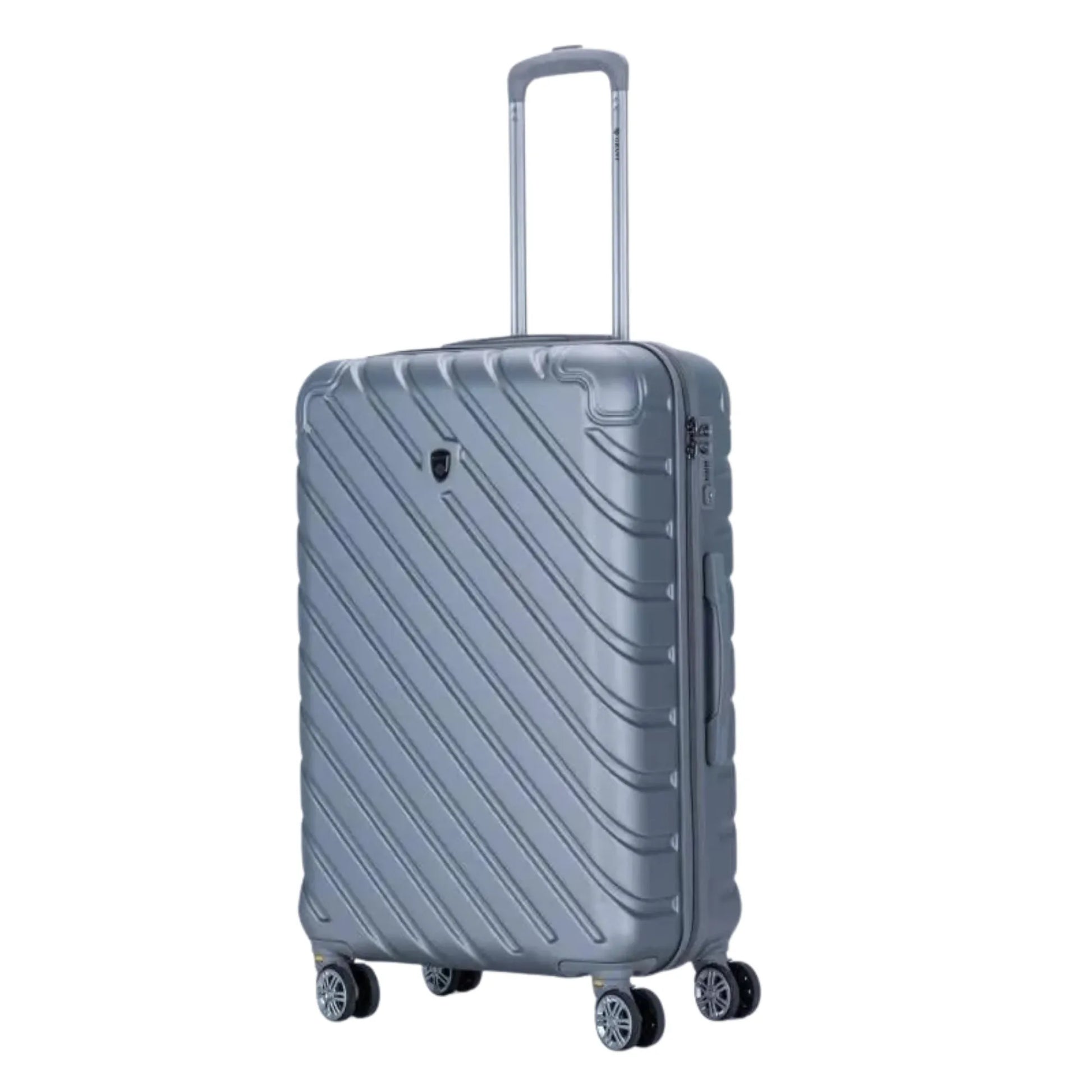 Gray suitcase with wheels on a white background