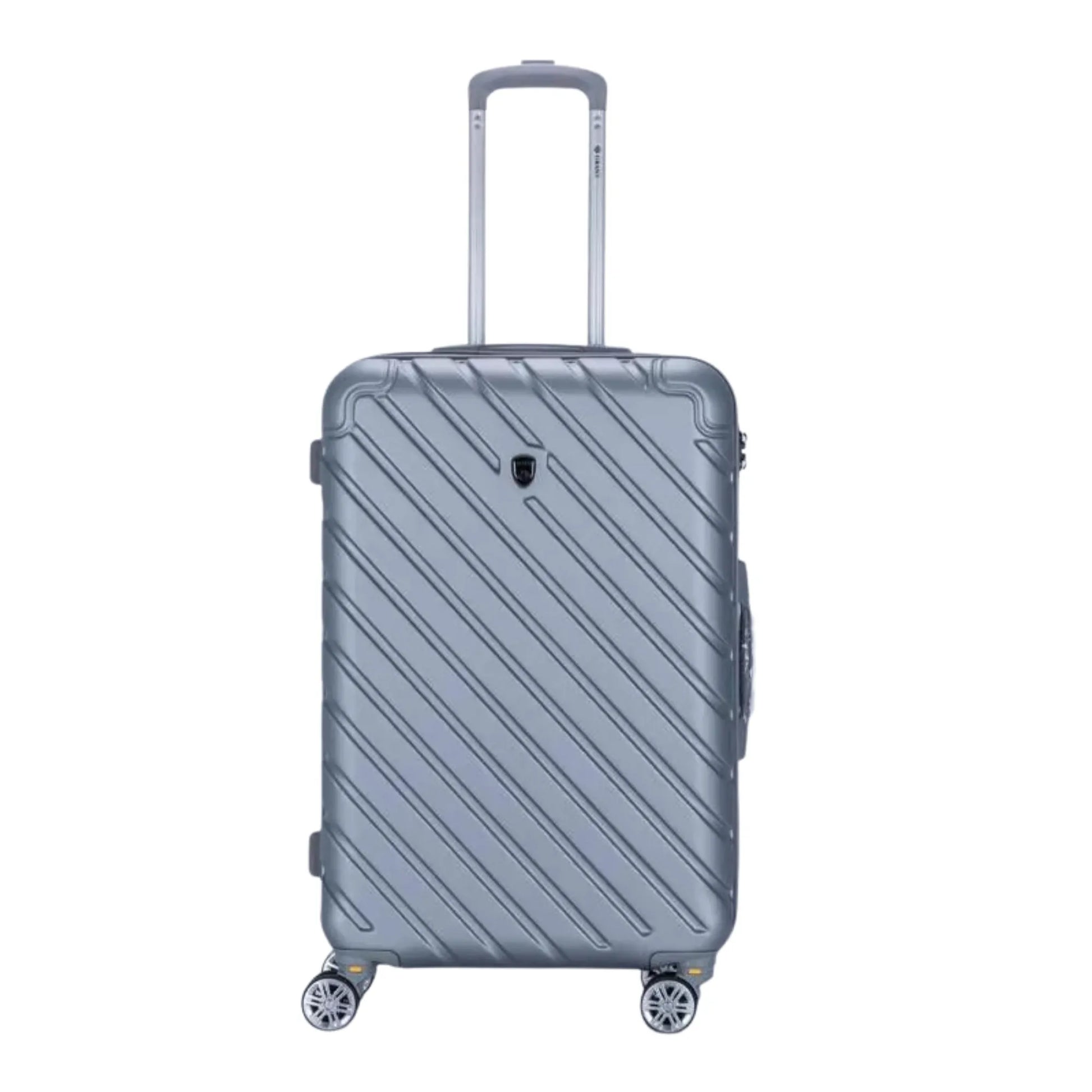 Gray suitcase with a textured surface on a white background