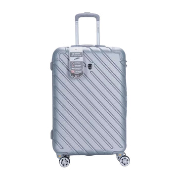 Silver suitcase with a striped pattern on a white background