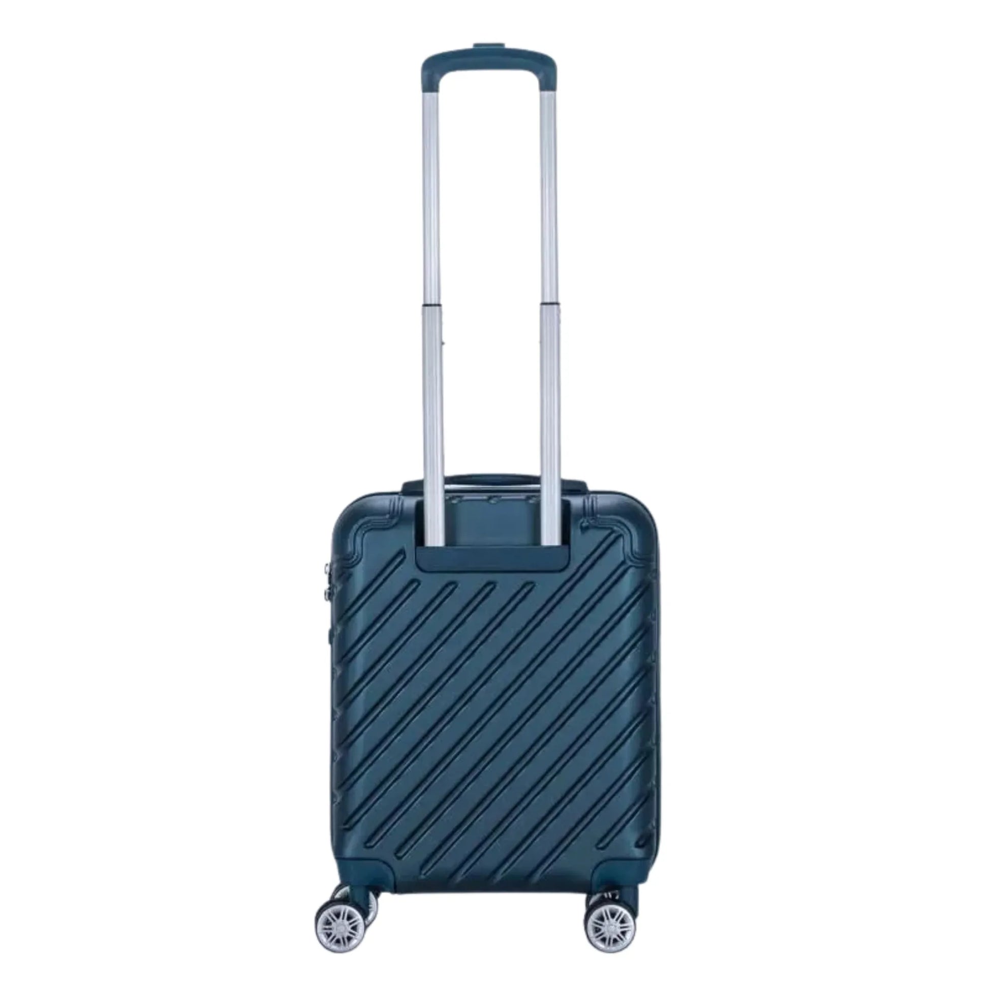 Blue suitcase with a striped pattern on a white background