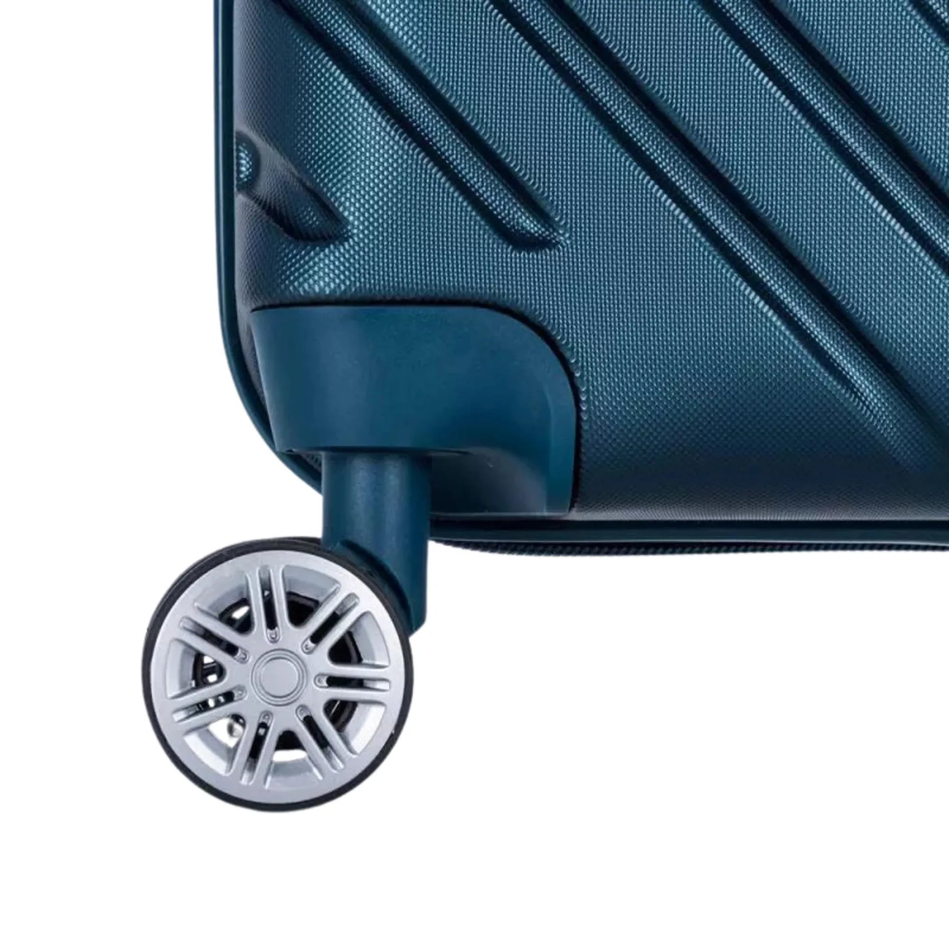Close-up of a blue suitcase wheel on a white background