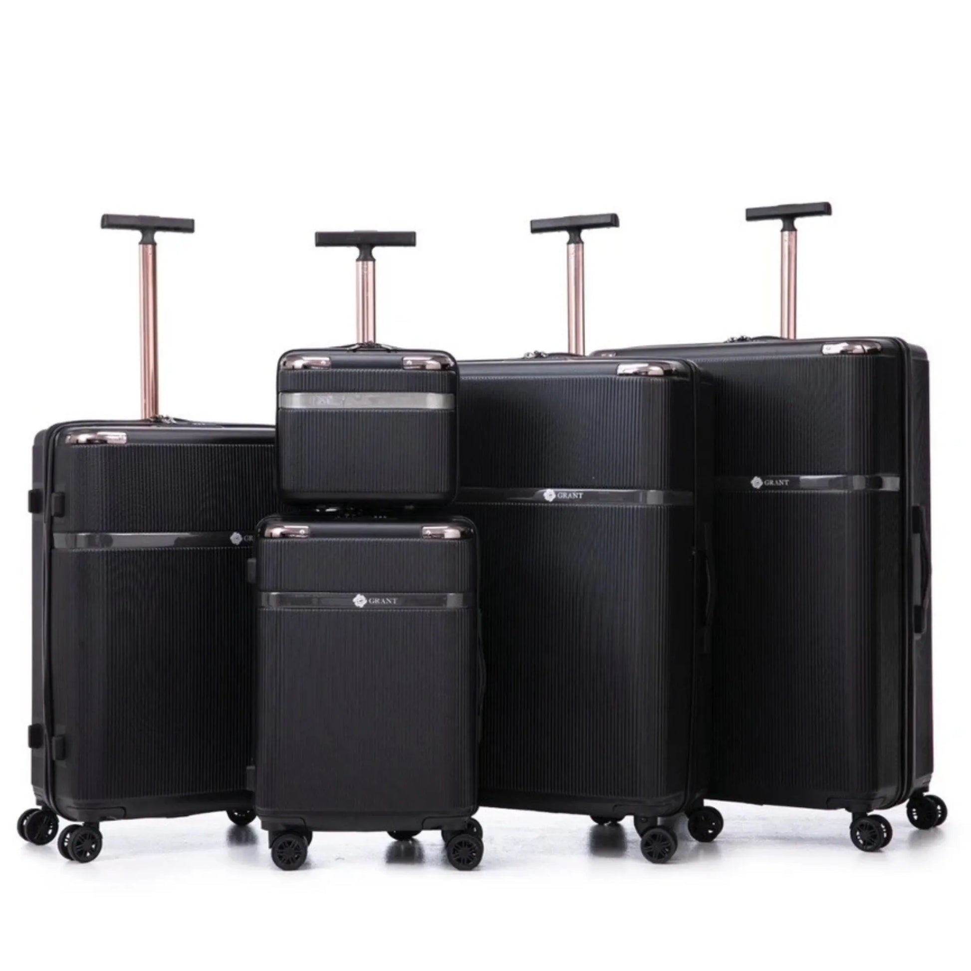 Set of black suitcases with wheels on a white background