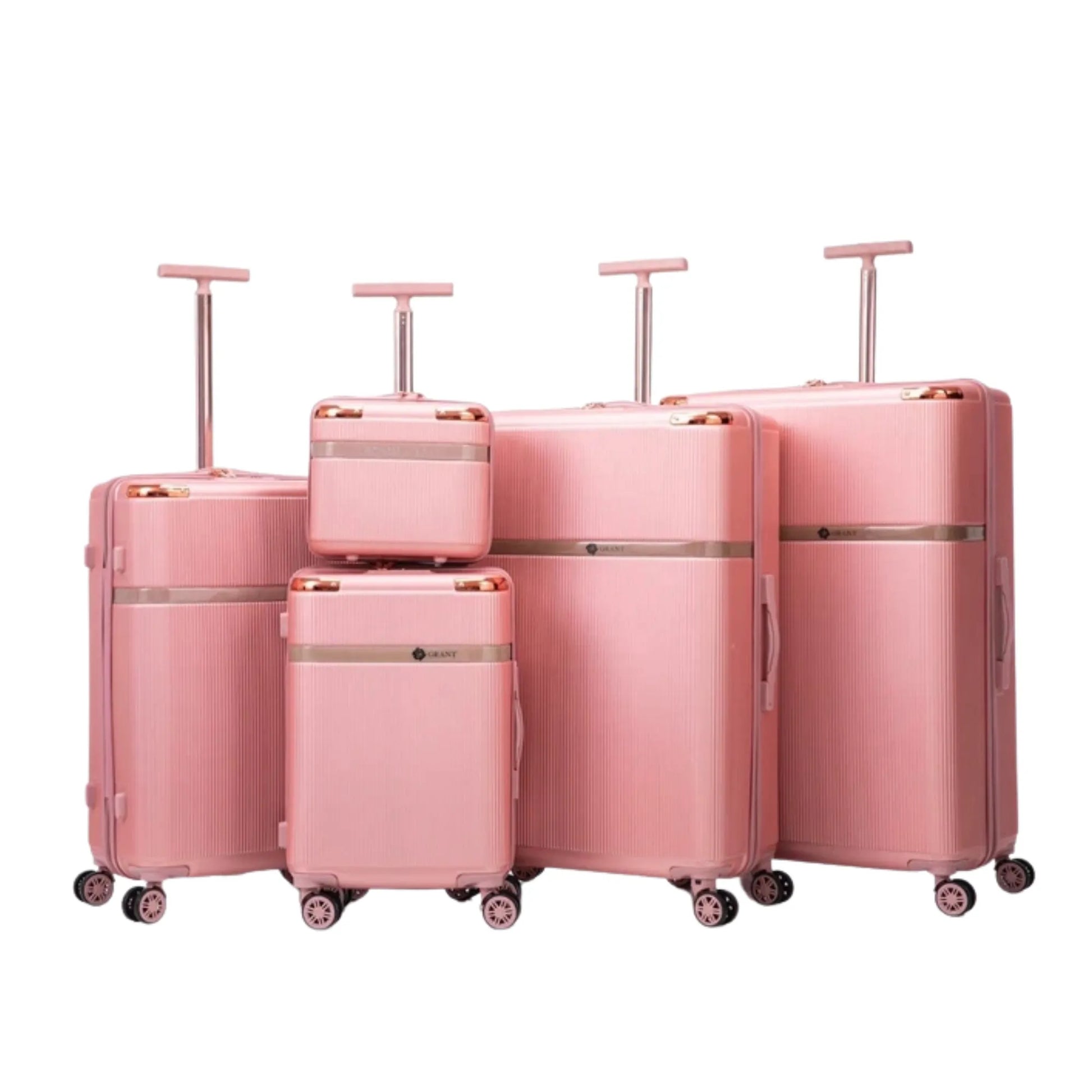 Set of pink suitcases with gold accents on a white background