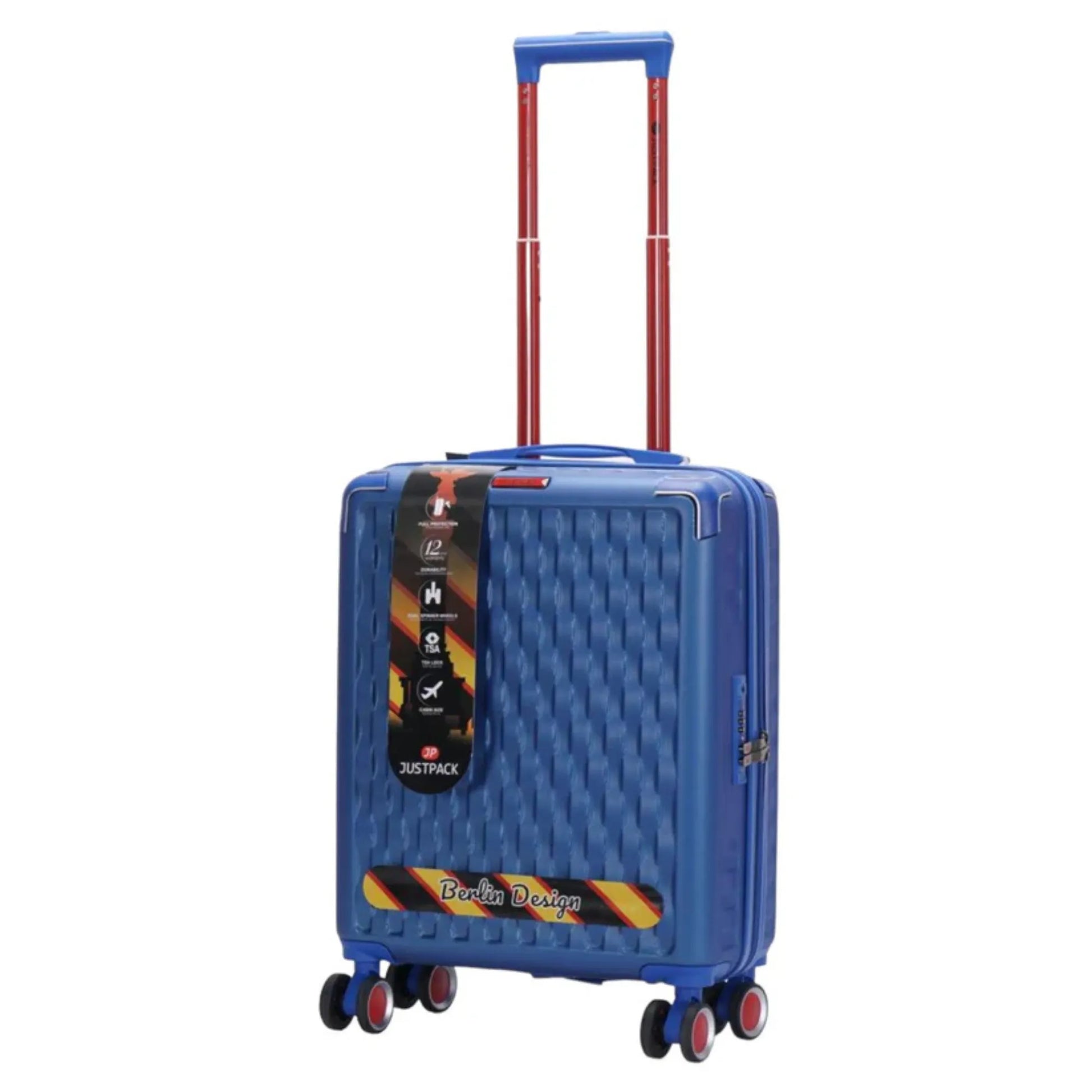 Blue suitcase with a patterned design on a white background