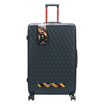 Black suitcase with a patterned design on a white background
