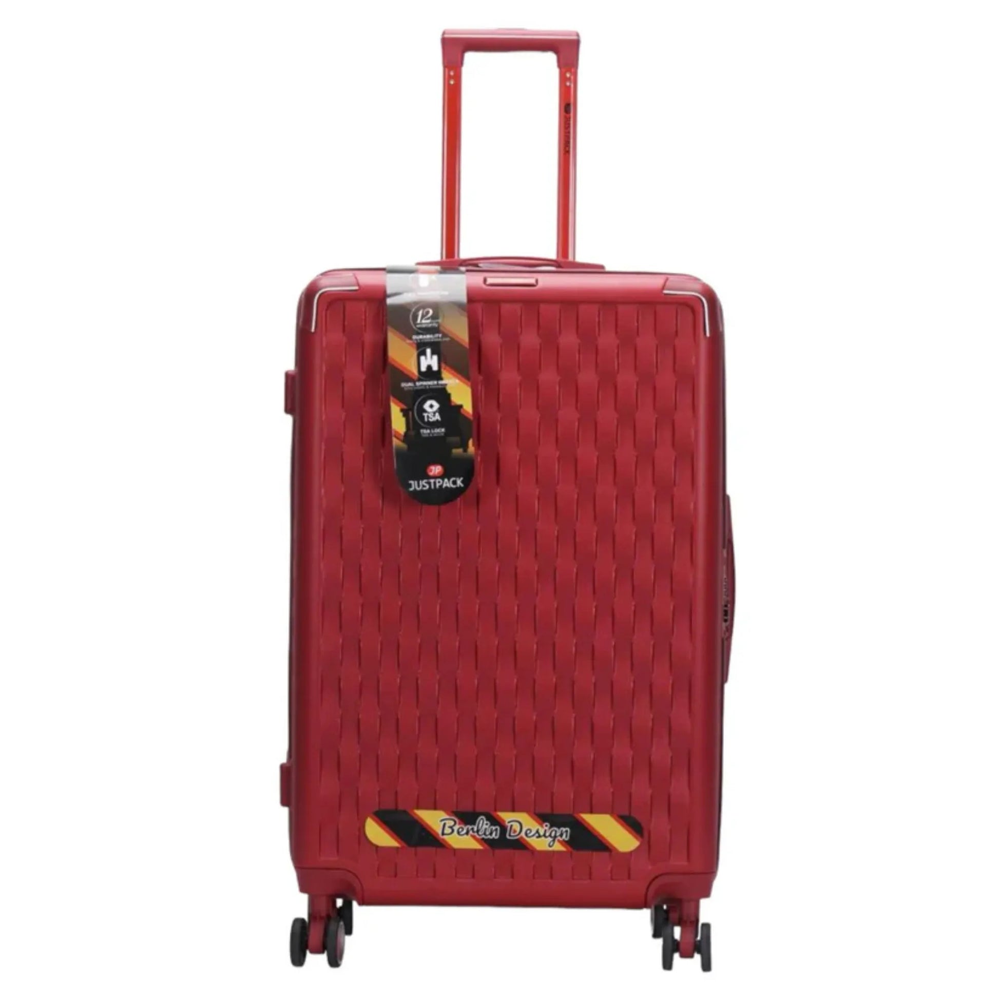 Red suitcase with a visible brand tag on a white background