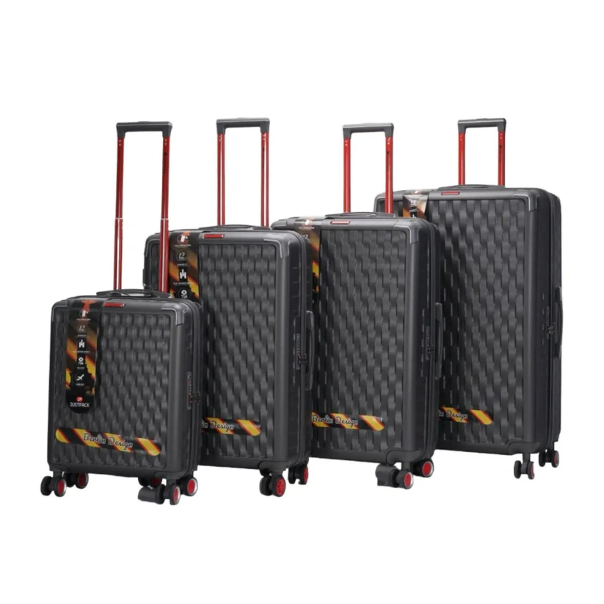 Set of black suitcases with red handles on a white background