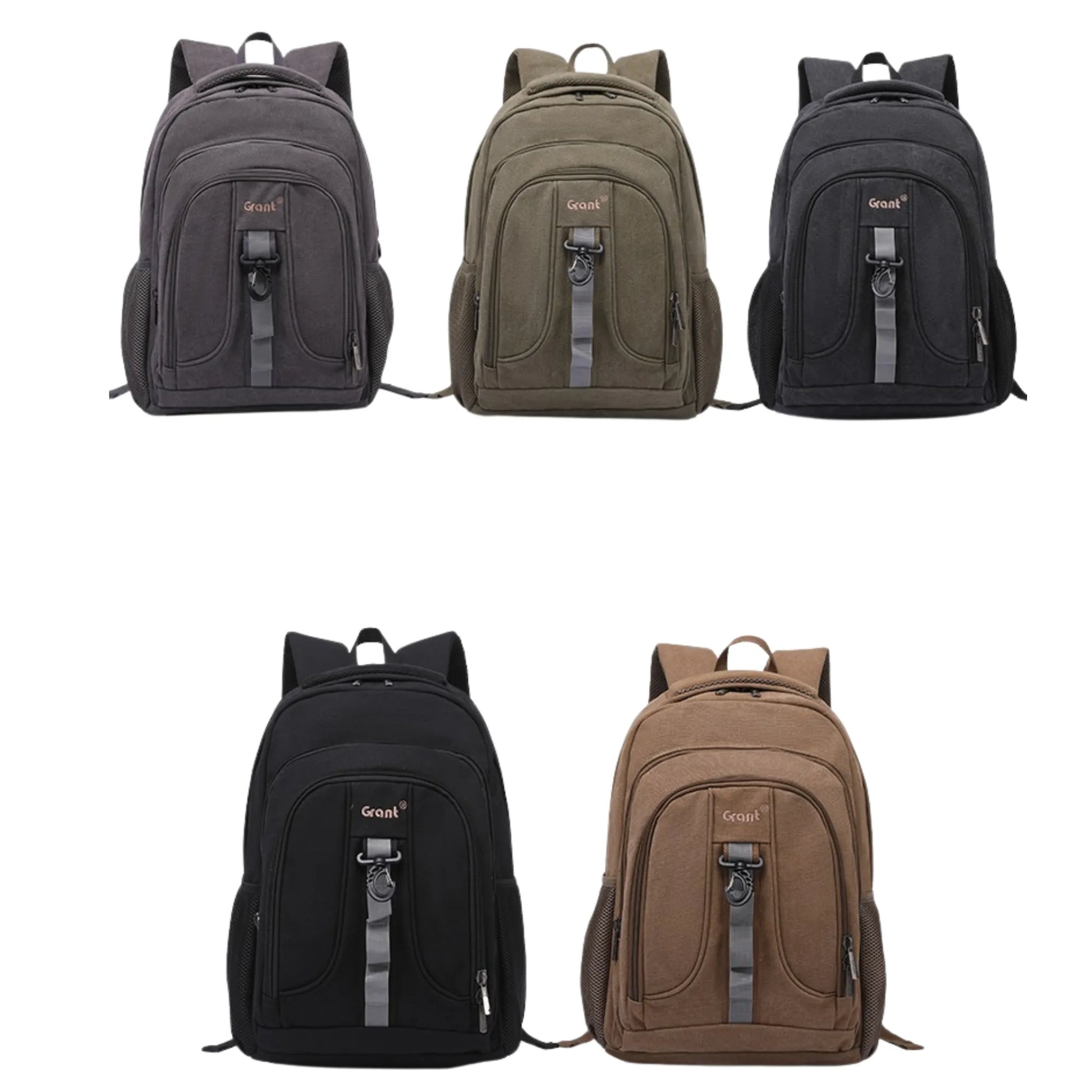 Five backpacks in different colors on a white background