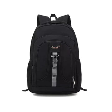 Black backpack with a visible brand logo on a white background