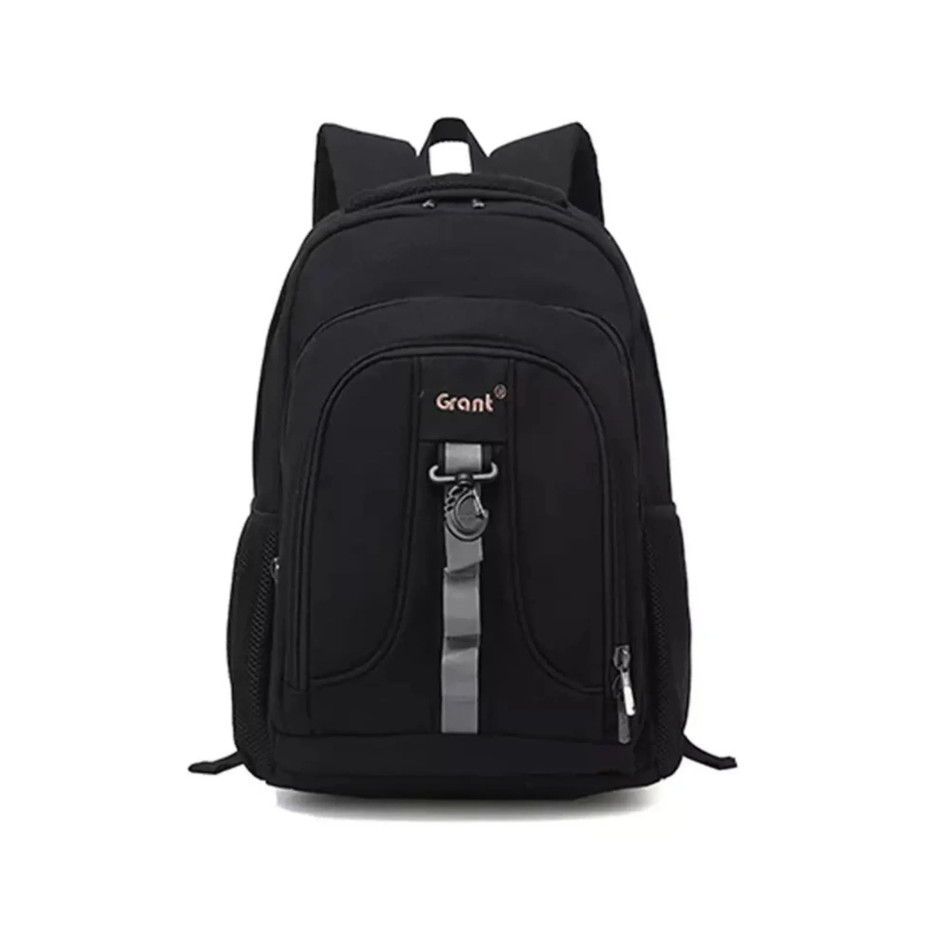 Black backpack with a visible brand logo on a white background