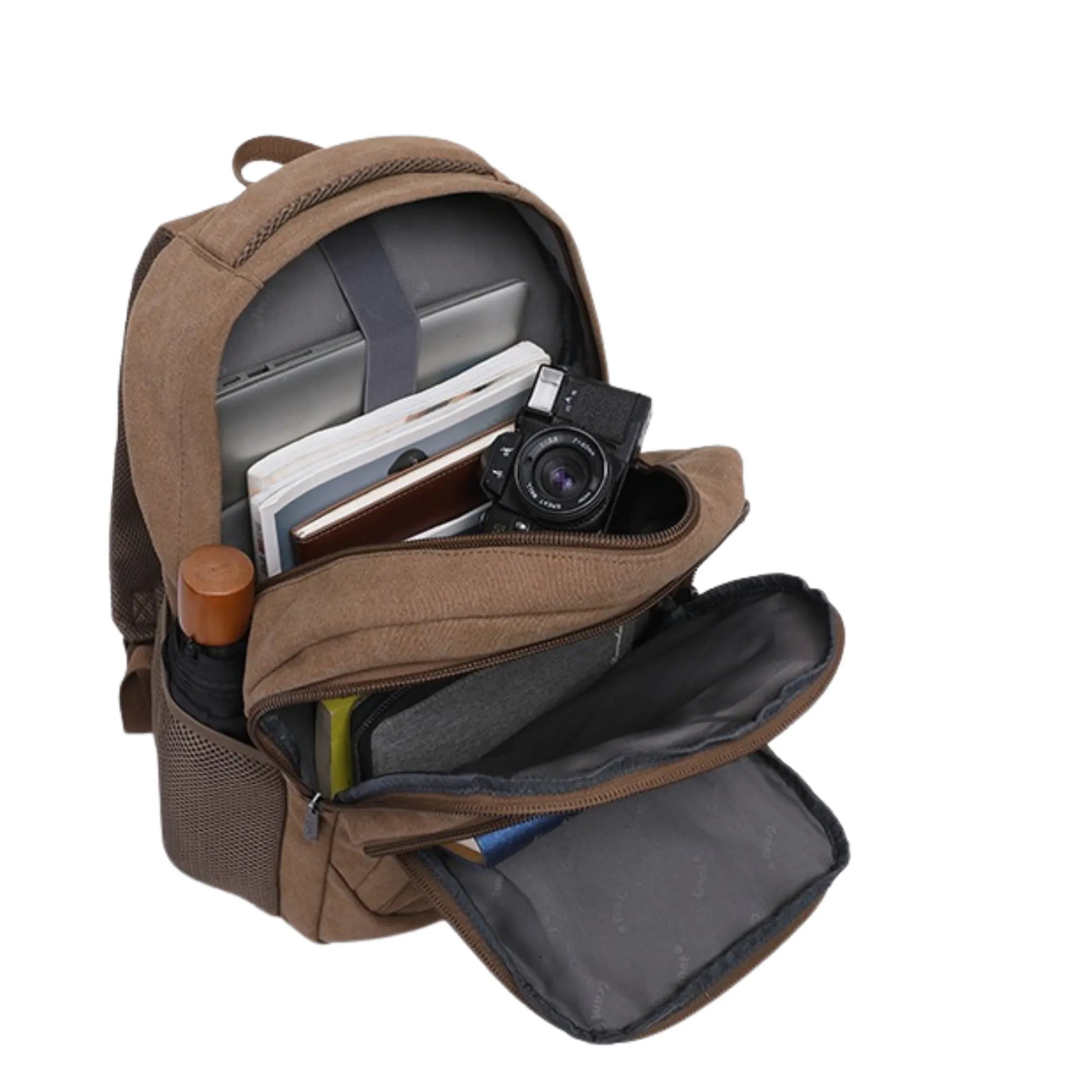Brown backpack with compartments containing electronic devices on a white background