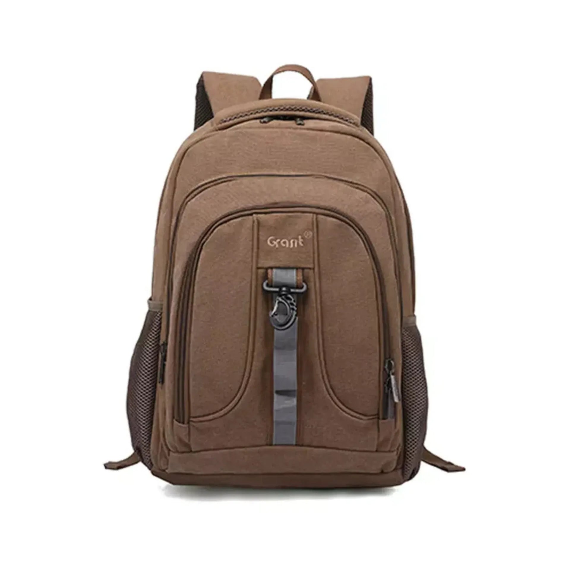 Brown backpack with 'Grant' branding on a white background