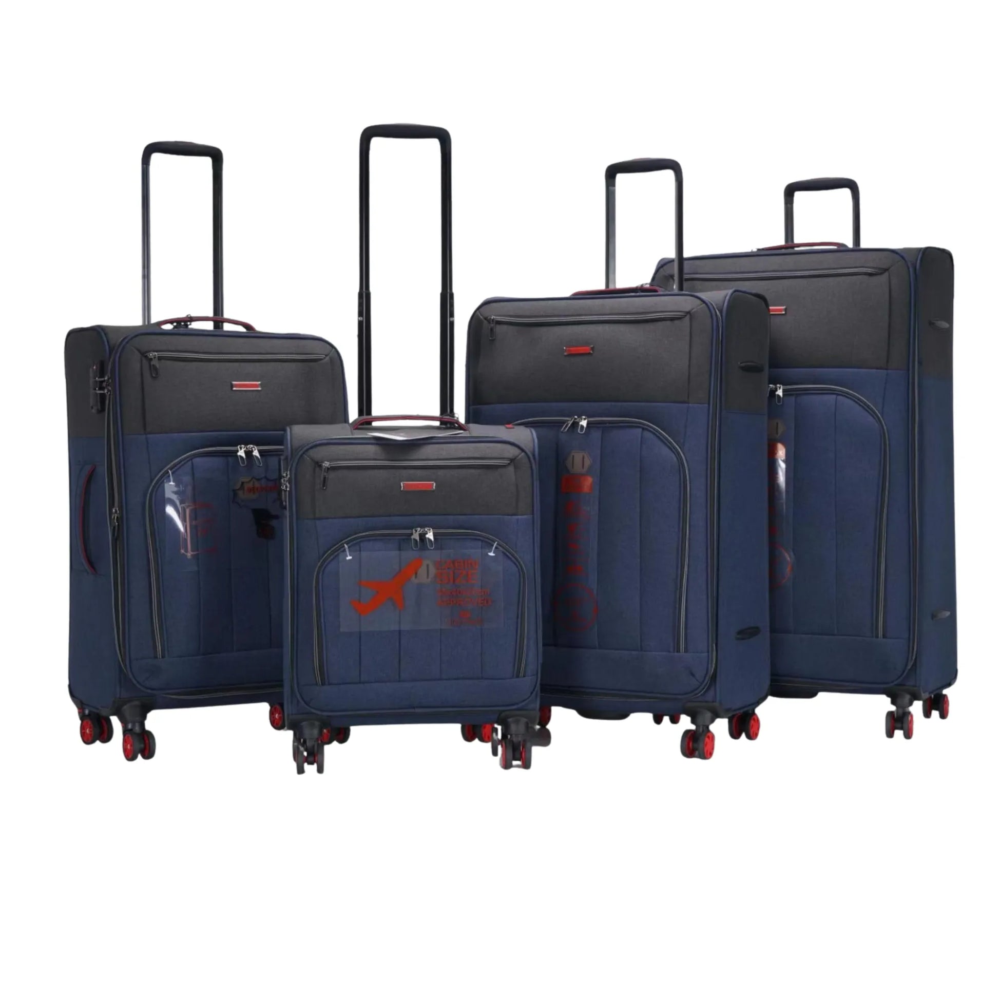 Set of blue suitcases with red accents on a white background