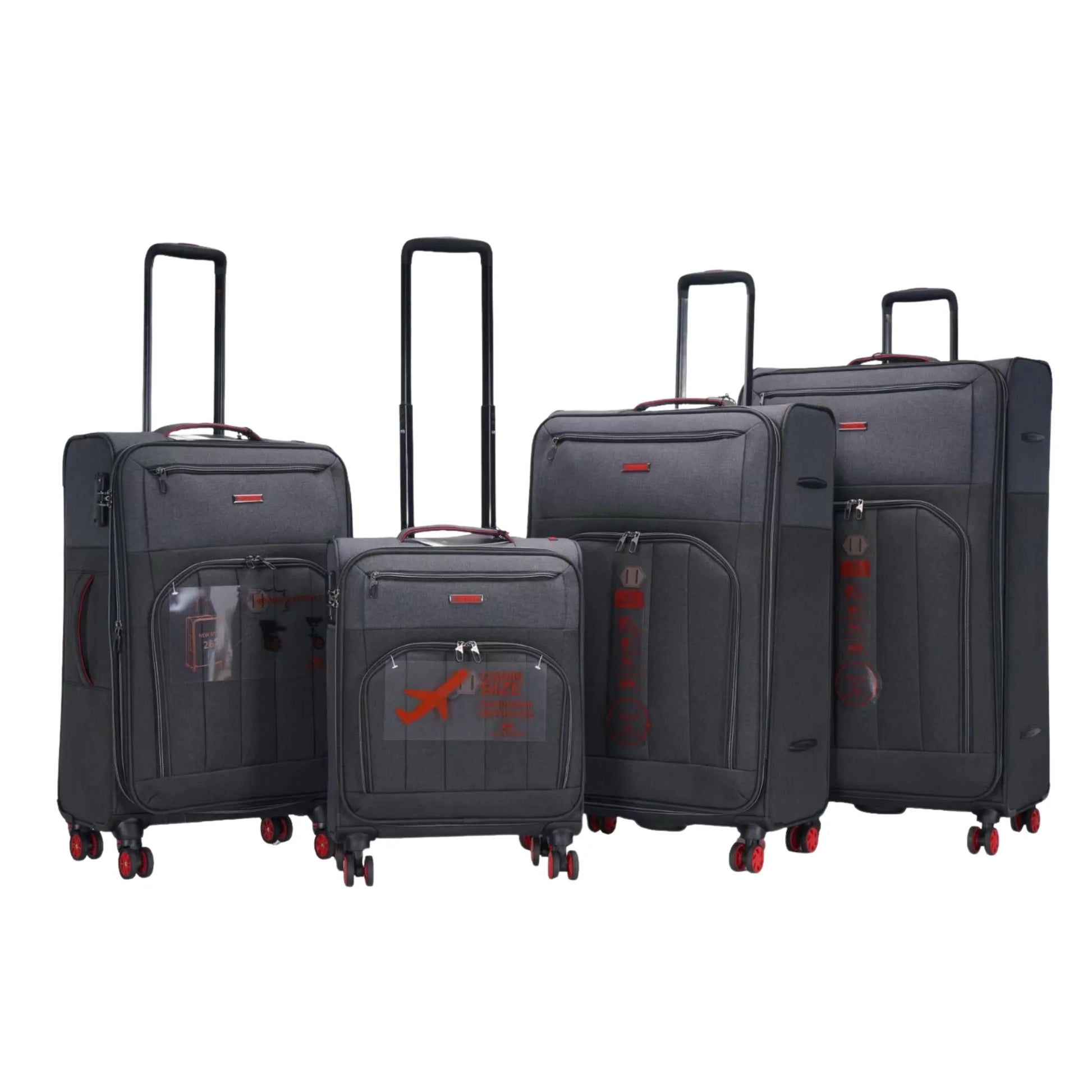 Set of four gray suitcases with visible brand logo on a white background