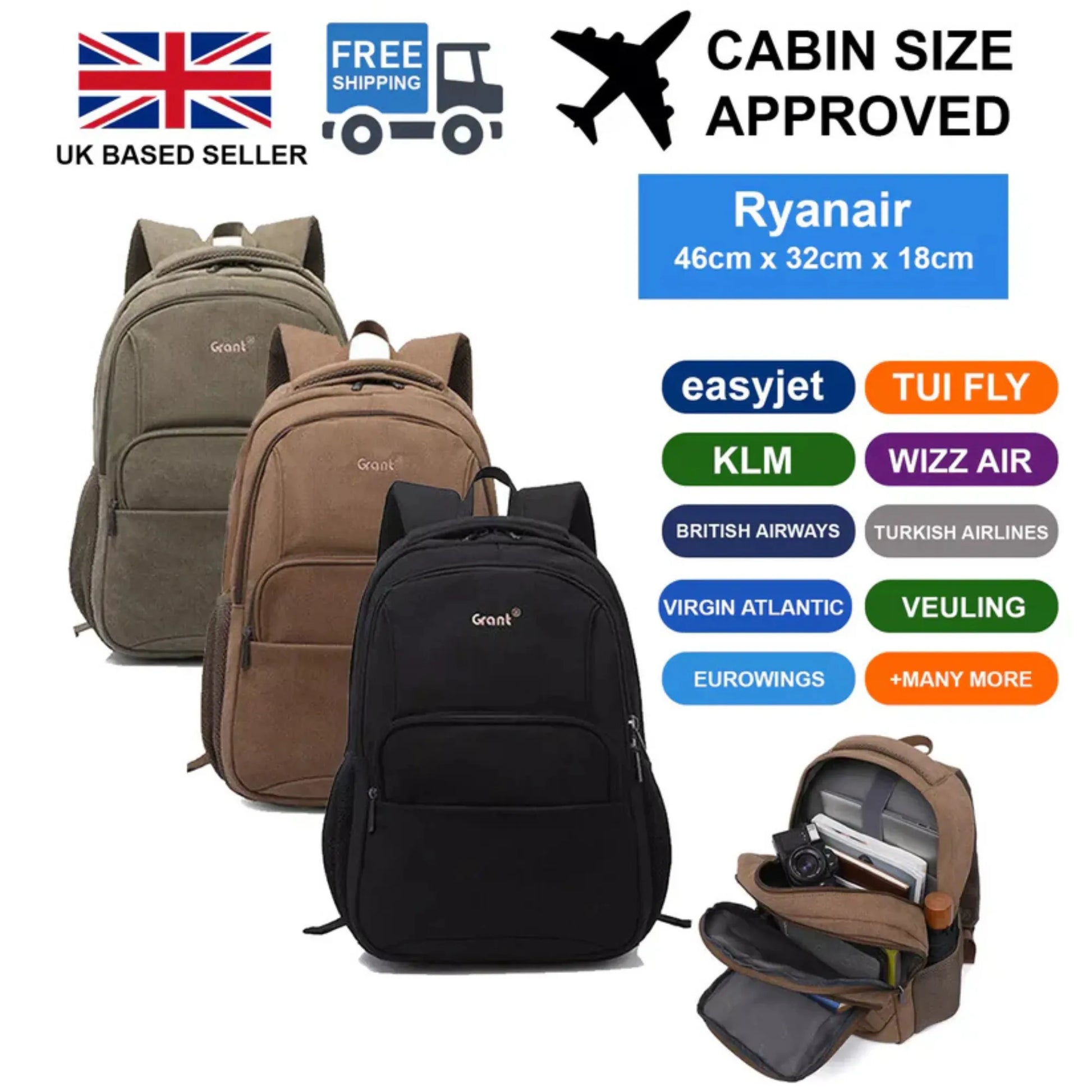 Three backpacks in different colors with airline compatibility information on a white background.